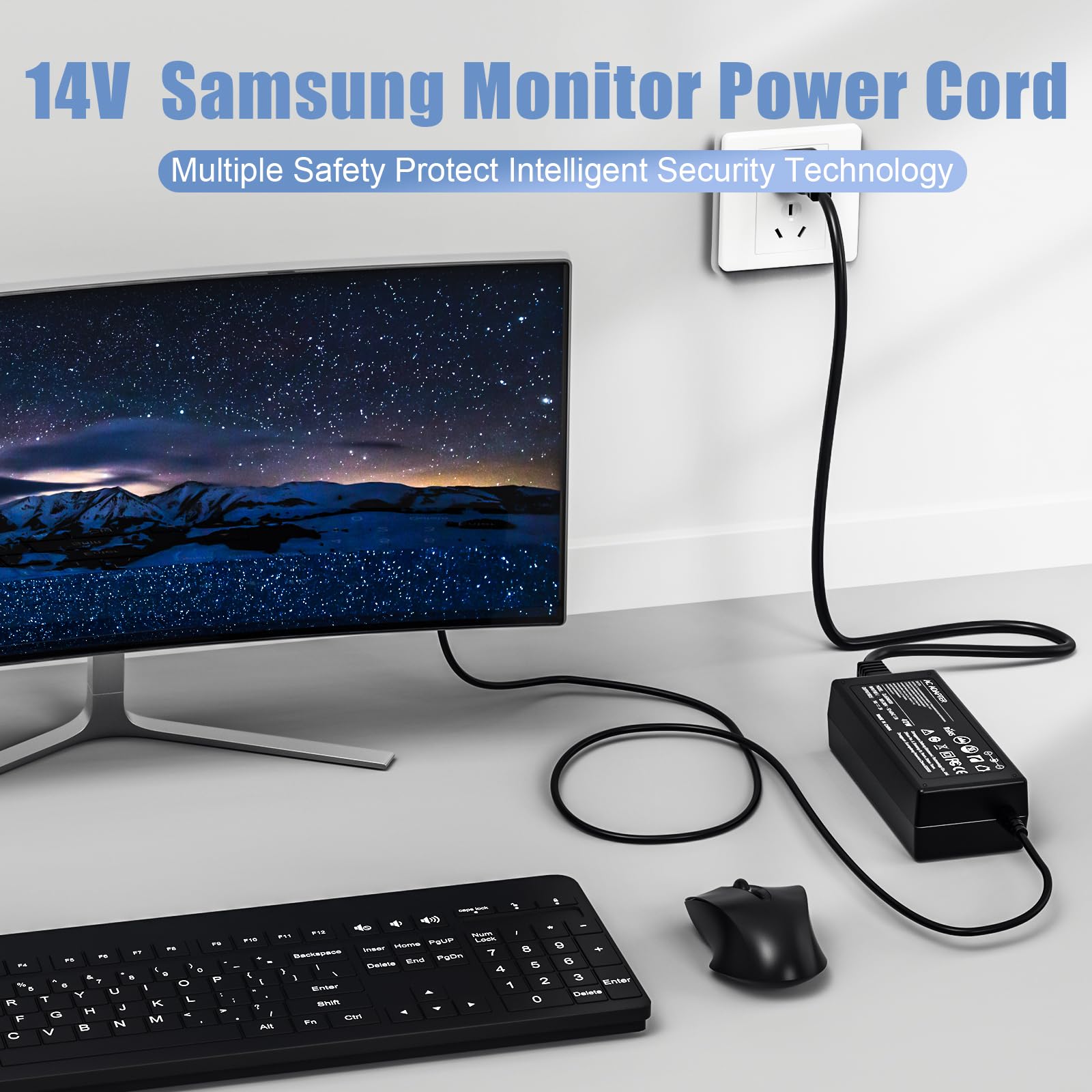 Dc 14V Power Cord For Samsung Monitor 32' 27' 24' 22' 23' 20' 19' 18' 17' 15', Samsung Monitor S22C300H, S22E310H, S22C300H, S24C230Bl, S24D390Hl, S27D590P, S27D360H, S27D390H, S27C570H Power Supply