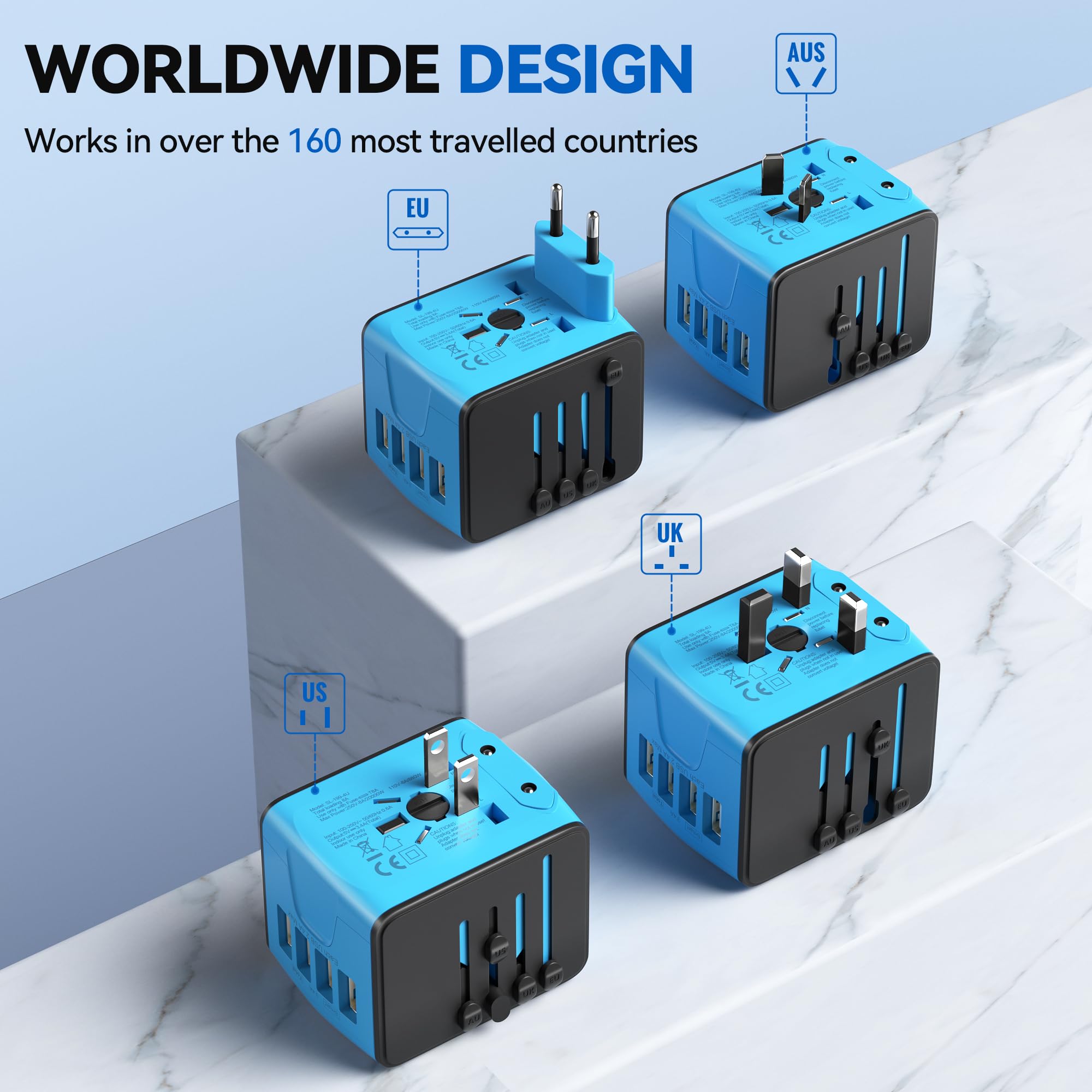 Unidapt Universal Travel Adapter, International Plug Adapter Fast 2,4A 4 Usb European Power Plug, Ac Wall Charger � Worldwide Outlet For Europe Us Usa Uk Eu Aus, Blue