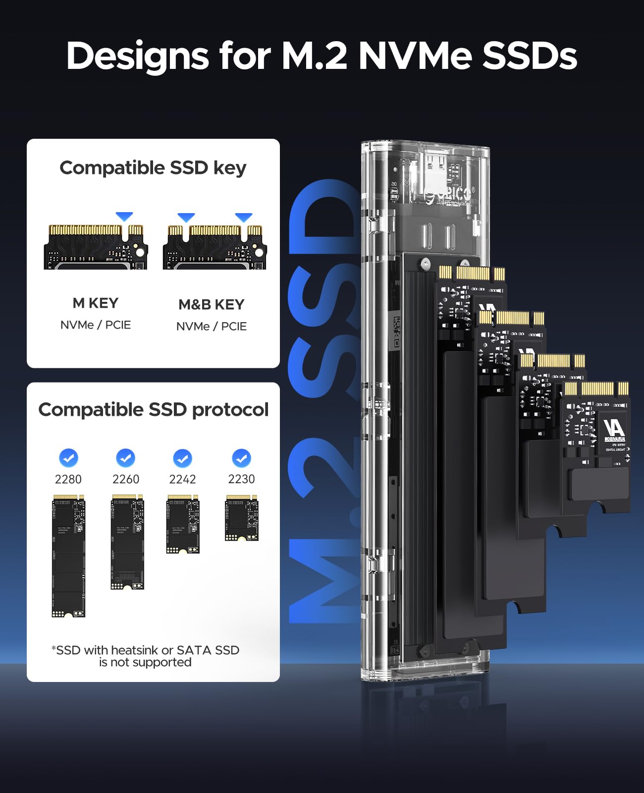ORICO M.2 NVMe SSD Enclosure, USB 3.2 Gen 2 (10 Gbps), Transparent External Solid State Drive Adapter Enclosure for 2280 2260 2242 2230 PCI E M2 M Key SSD, USB Type C Converter Case TCM2 Black