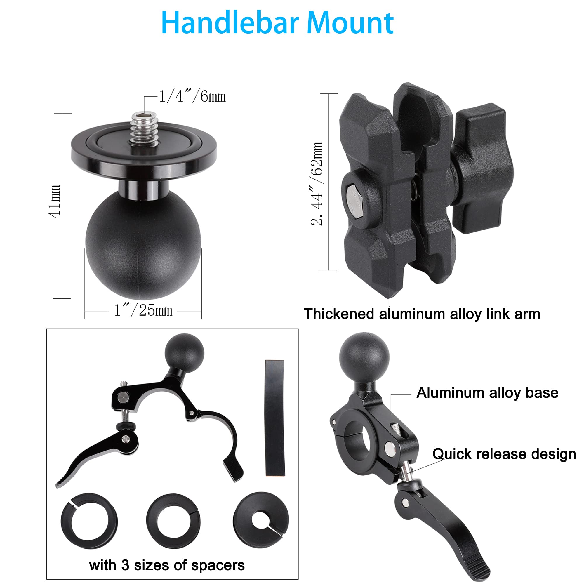 Motorcycle Bike Handlebar Helmet Mount Bundle For Insta360 X4,Go 3,X3,X2,One Rs 1 Inch 360 Edition, One Rs Twin,One R,Gopro 12/11/10/9/8/7/6/5 Blcak Max Camera, With Helmet Extension Arm Adhesive Kit