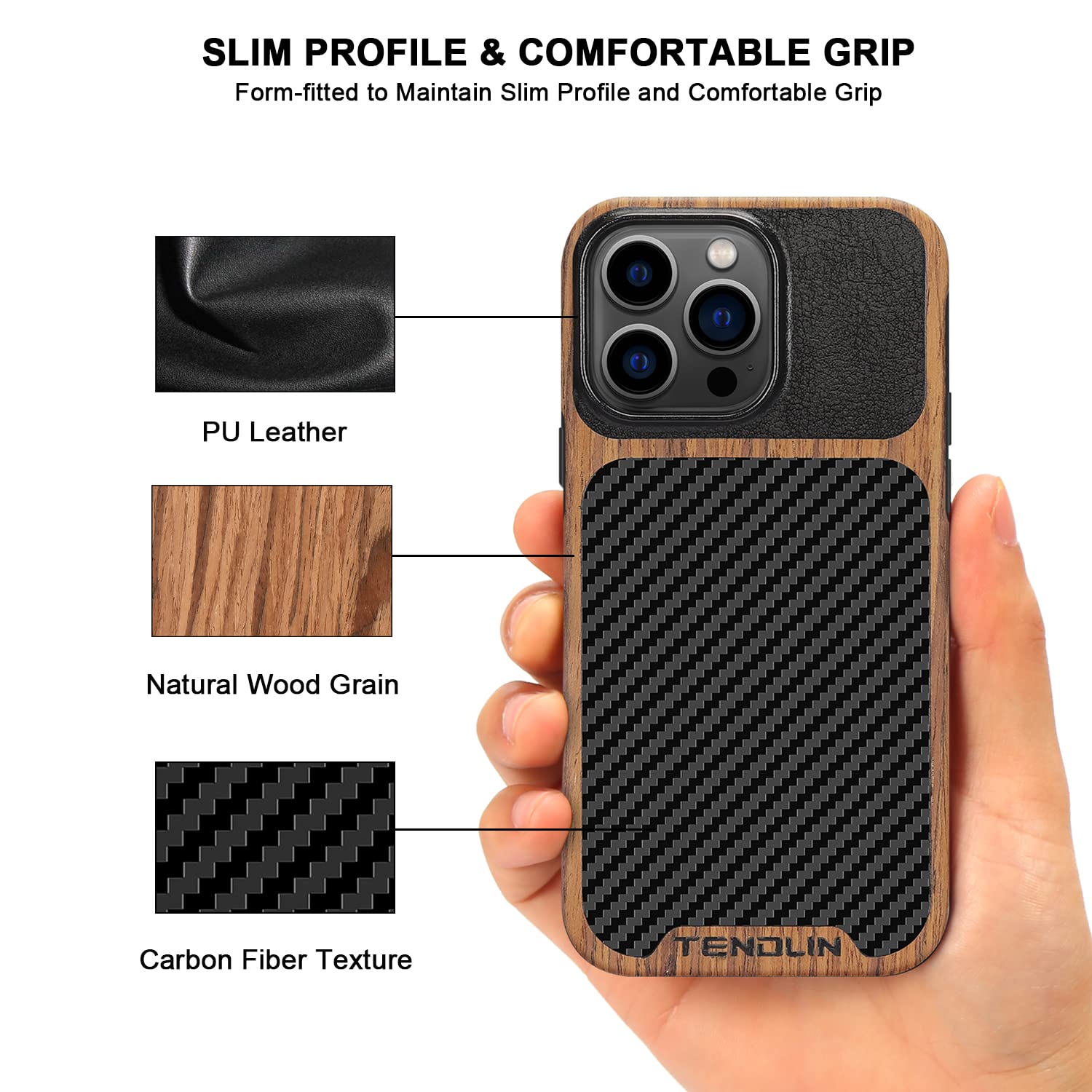 Tendlin Compatible With Iphone 14 Pro Max Case Wood Grain With Carbon Fiber Texture Design Leather Hybrid Slim Case Black