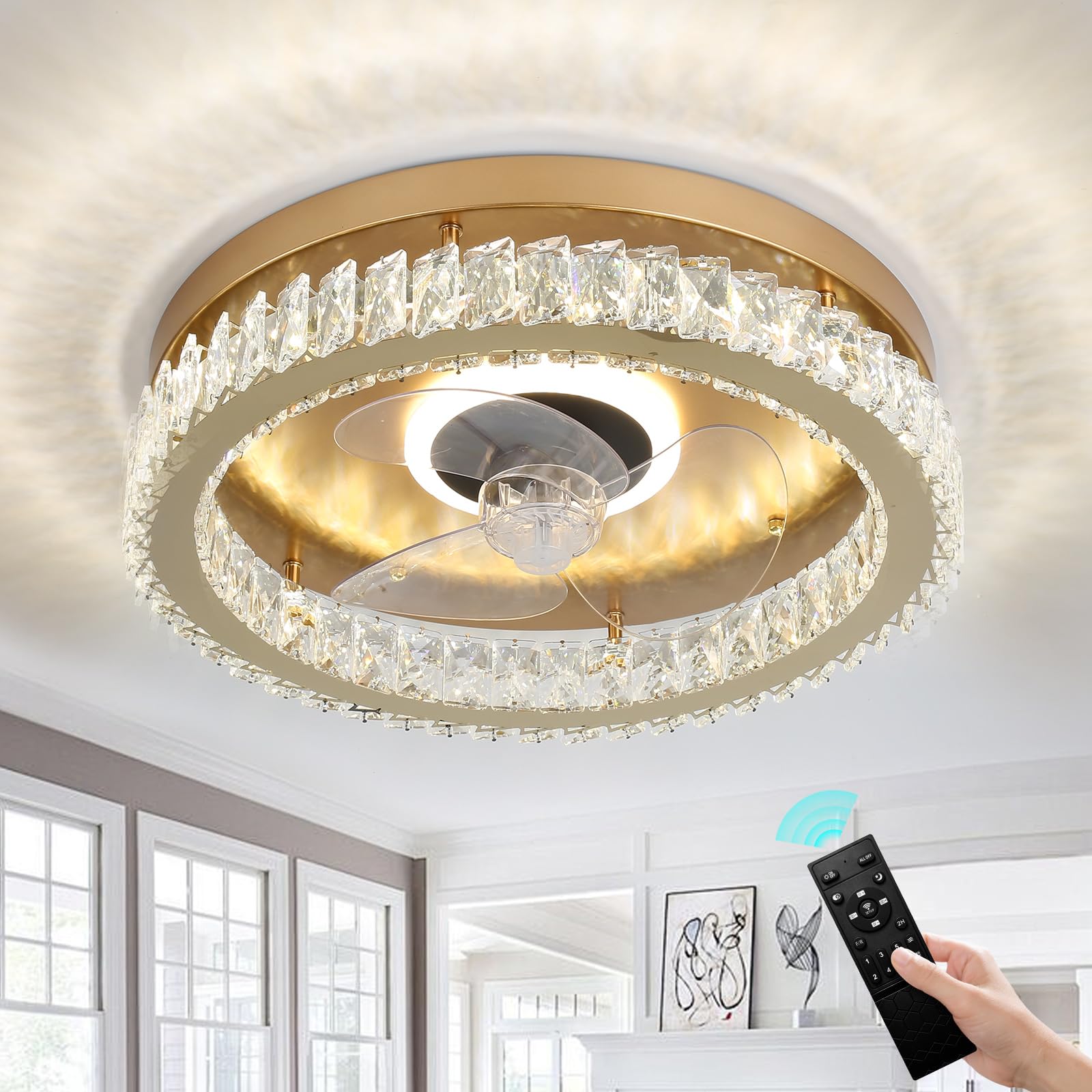 FRIXCHUR Ceiling Fan with Light Low Profile Ceiling Fans with Remote Control Flush Mount Ceiling Fan 3 Color 6 Speed LED Fan Lig