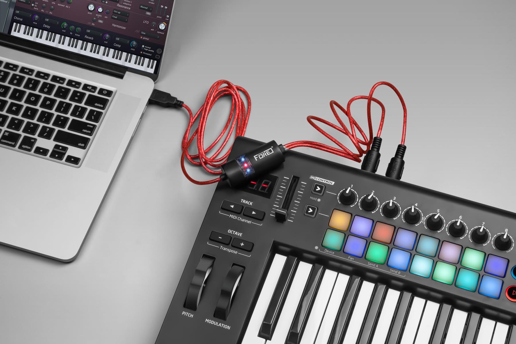 FORE MIDI to USB Interface - 6.5ft Red Cable, Compatible with iOS/Android, Windows/Mac, Works with MIDI Devices and Keyboards
