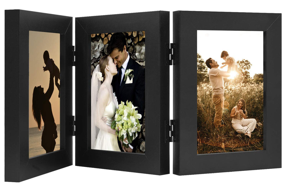 Golden State Art, 4X6 Three Picture Frame Trifold Hinged Photo Frame With 3 Openings, Desk Top Family Picture Collage, With Real