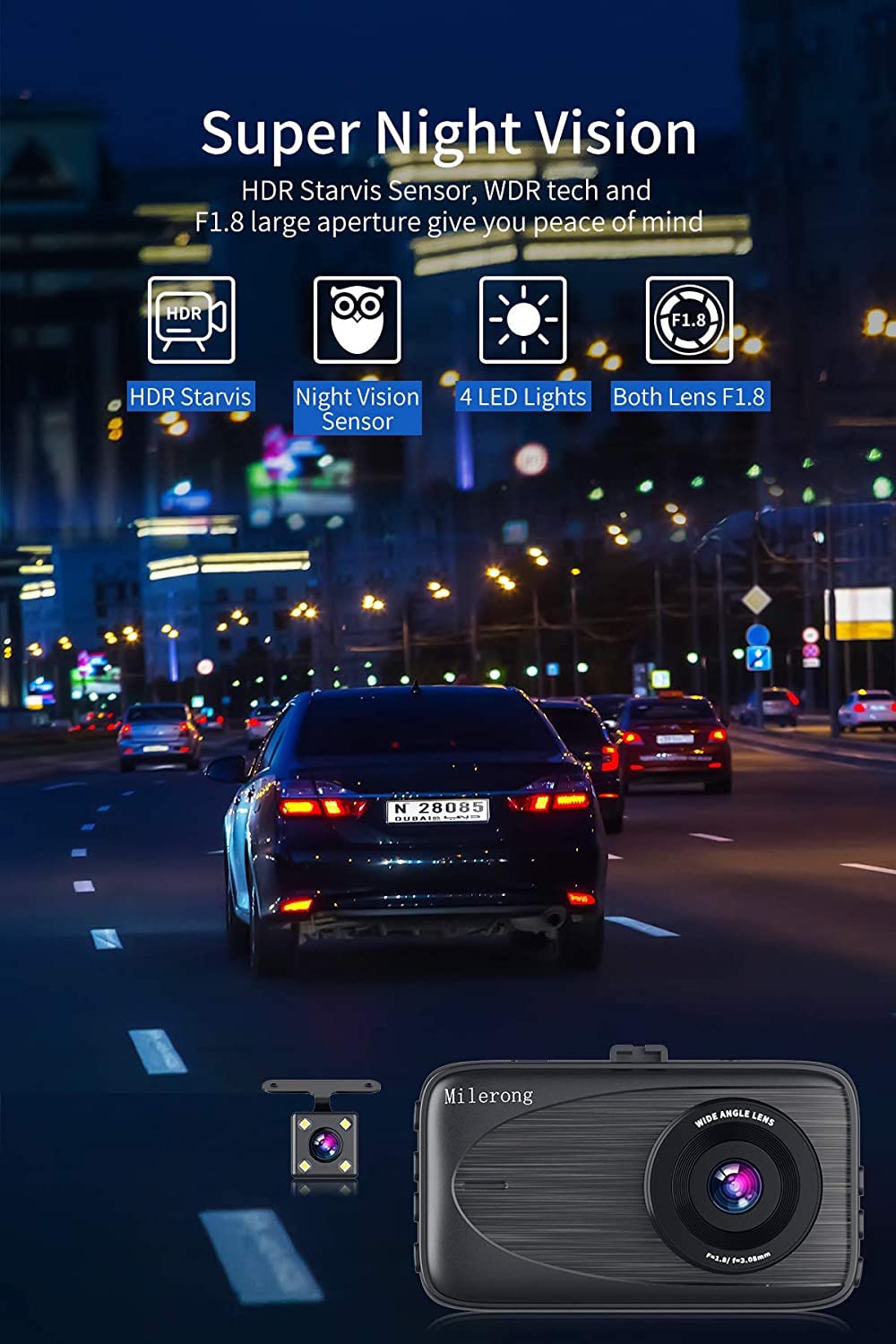 Dash Cam Front And Rear With 64Gb Card, Milerong 1080P Fhd Dashcam Front And Rear Camera, 3'' Ips Screen Front And Rear Dash Cam