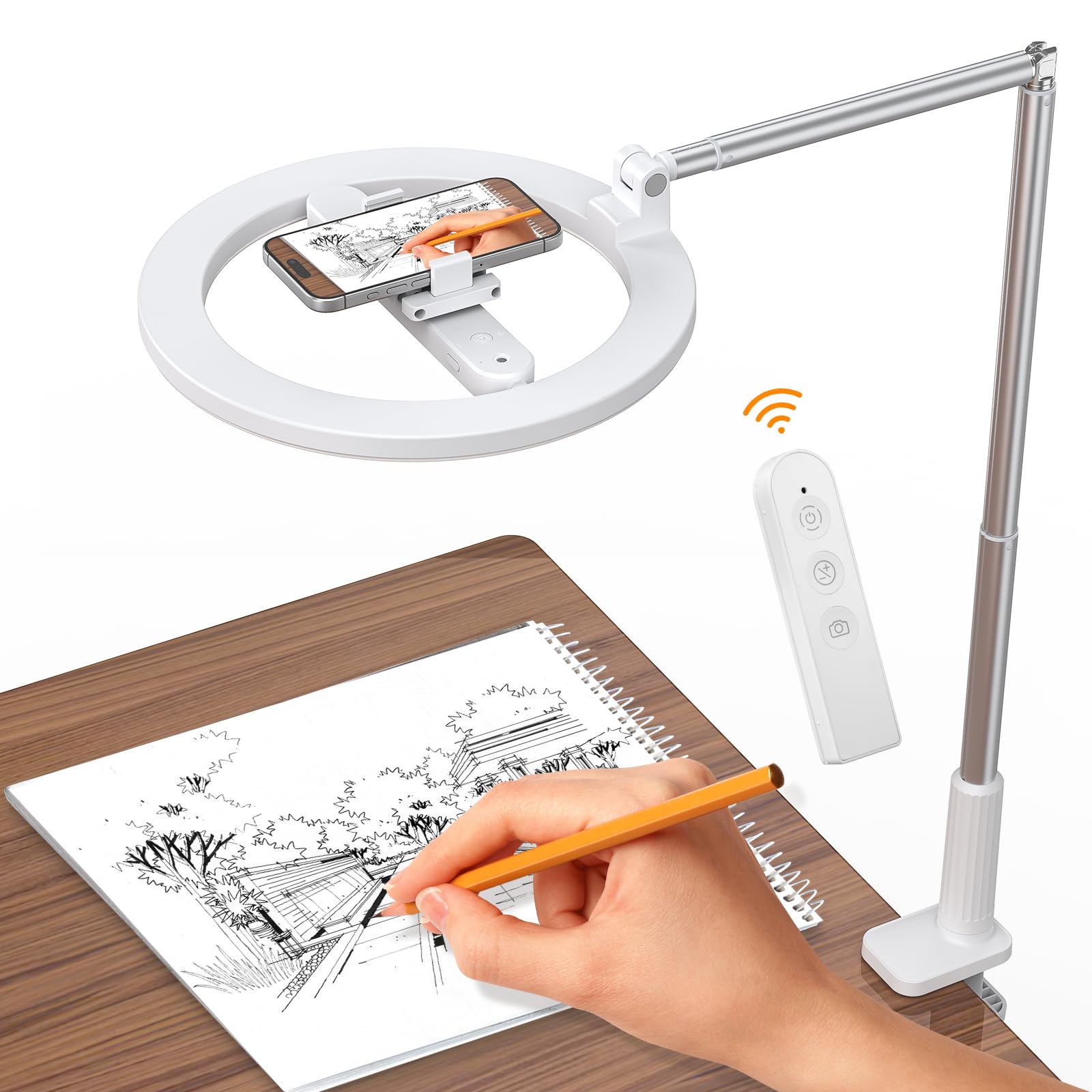 10'' Magic Arm Ring Light With Desk Clamp & Built-In Battery, Overhead Phone Mount Fill Light And Phone Holder Circle Desktop Ar