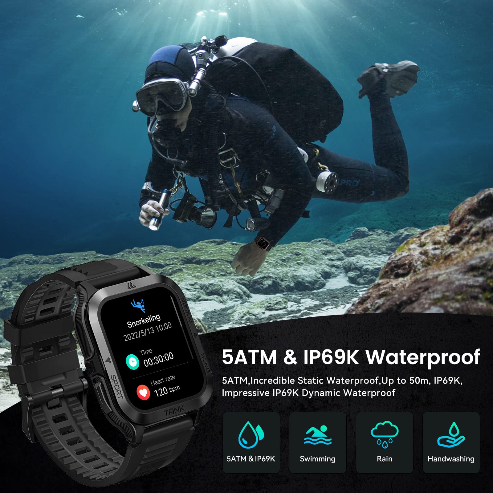 Amaztim Smart Watch, 60 Days Extra-Long Battery, 50M Waterproof, Rugged Military Bluetooth Call(Answer/Dial Calls), 1.85 '' Ultr