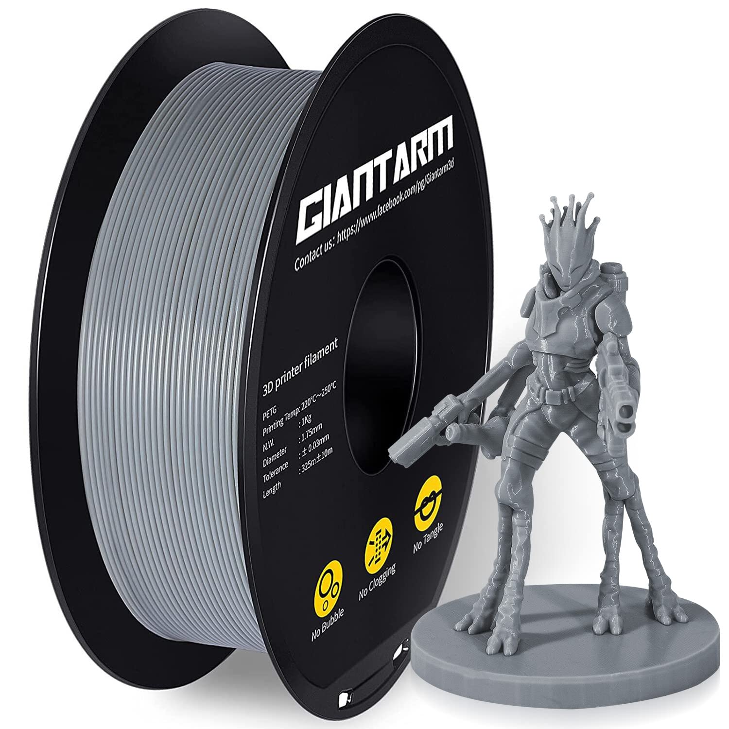 Giantarm Grey Petg 3D Printer Filament Toughness Enhanced 1Kg (2.2Lbs), 1.75Mm Dimensional Accuracy +/ 0.03Mm, 1080 Feet(330M)/R