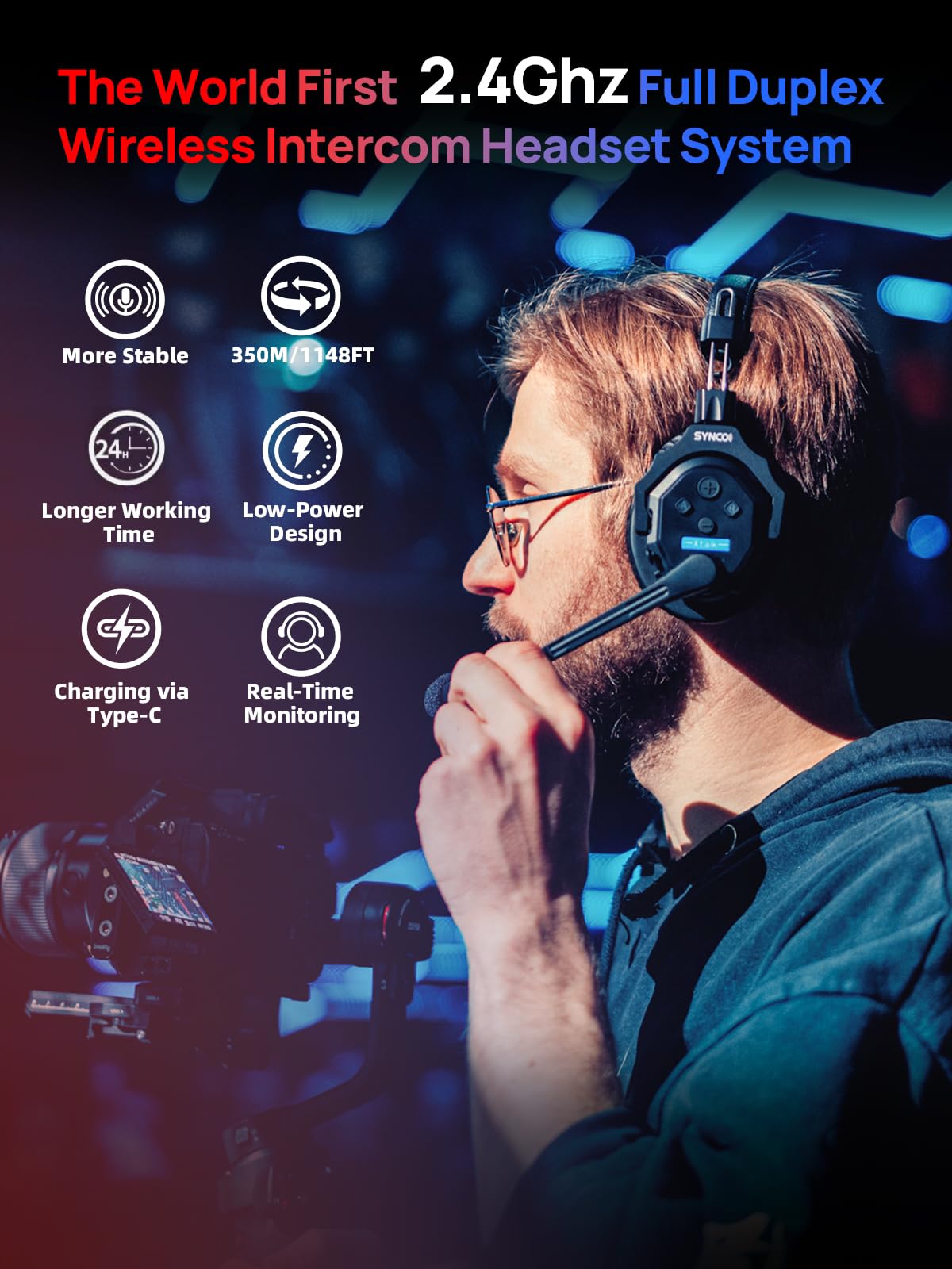 Synco Xtalk X2 Wireless Intercom Headset System, 2.4Ghz Wireless Headset With 24H Worktime For 2 Person 350M/1148Ft, Wireless He