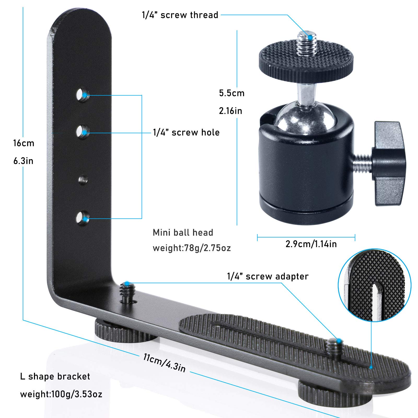 Exmax Metal Aluminum Alloy L Shape Flash Light Camera Bracket Holder 1/4 '' Screw + Mini Tripod 360 Degree Ball Head For Dslr Ca