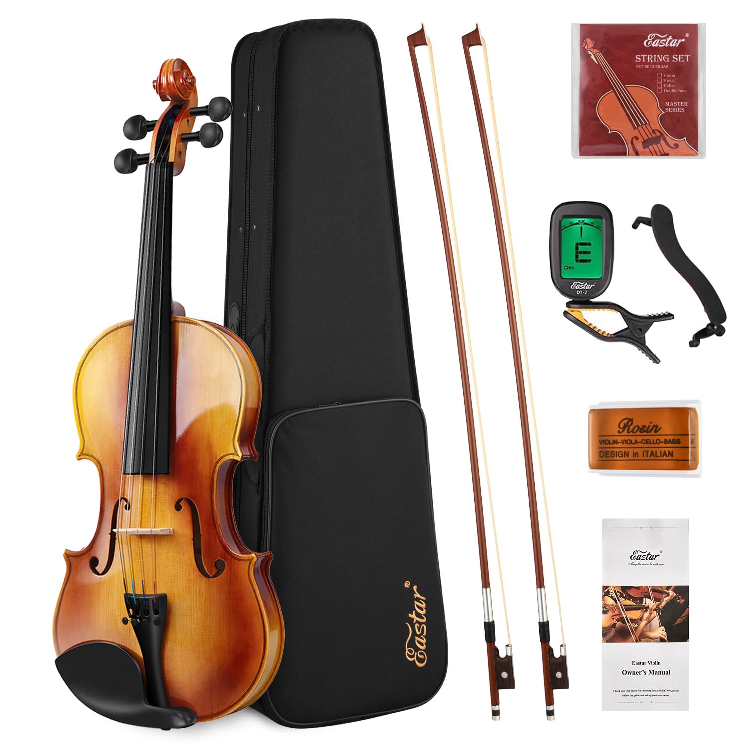 Eastar 4/4 Violin Set Full Size Fiddle Solidwood For Adults With Hard Case, Shoulder Rest, Rosin, Two Bows, Clip On Tuner And Ex