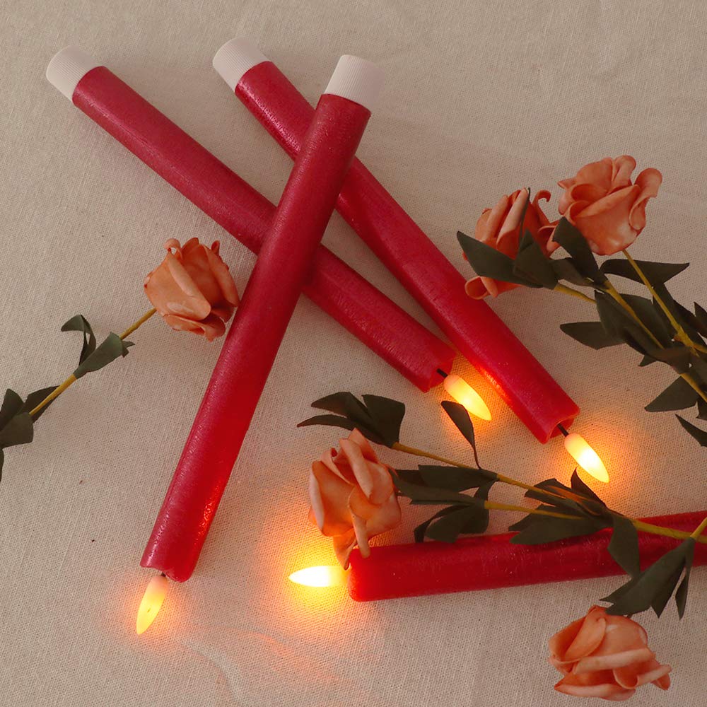 Wondise Flameless Taper Candles With Timer, Battery Operated Real Wax Realistic 3D Wick Burgundy Candles, For Home Wedding Holid