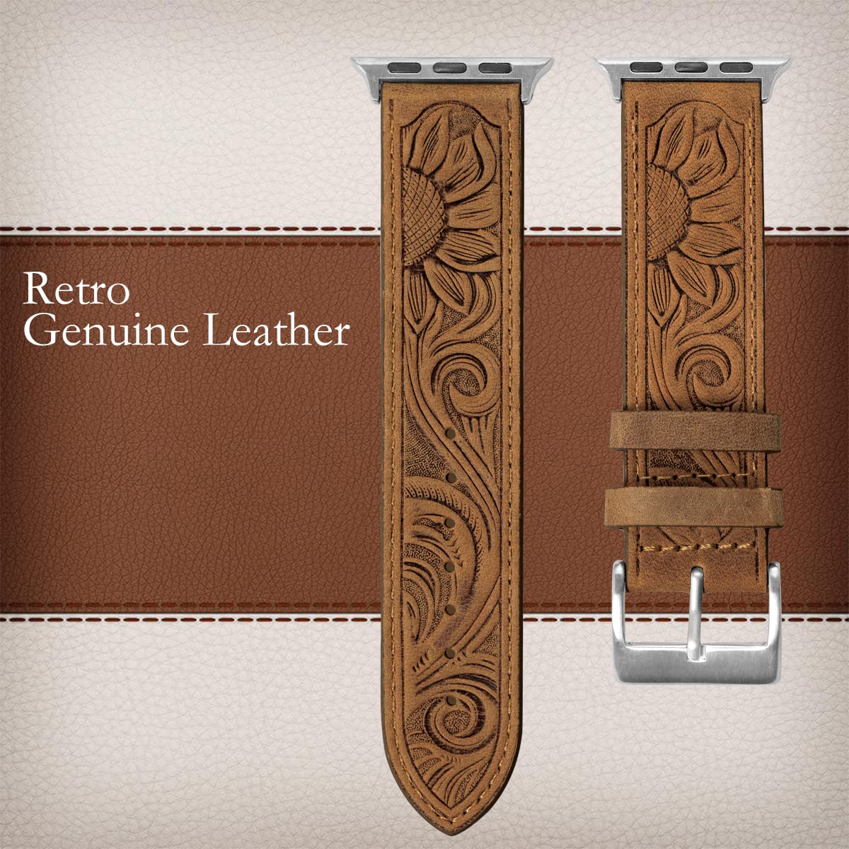 Deeplus For Apple Watch Band 41 Mm / 40 Mm / 38 Mm Series 8/7/Se/6/5/4/3/2/1,Sunflower Tooled Leather Cowboy Replacement Western