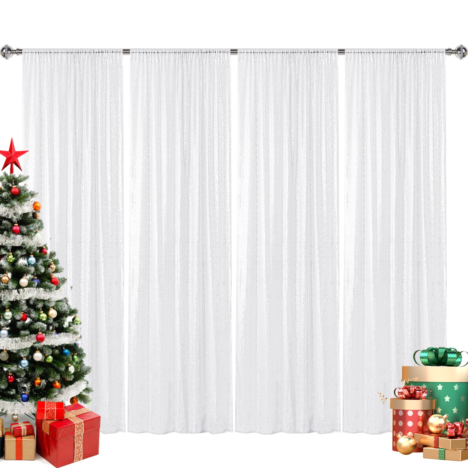 Sugargirl White Sequin Backdrop Curtain 4 Panels 2Ftx8Ft Glitter White Background Drapes Sparkle Photography Backdrop For Party