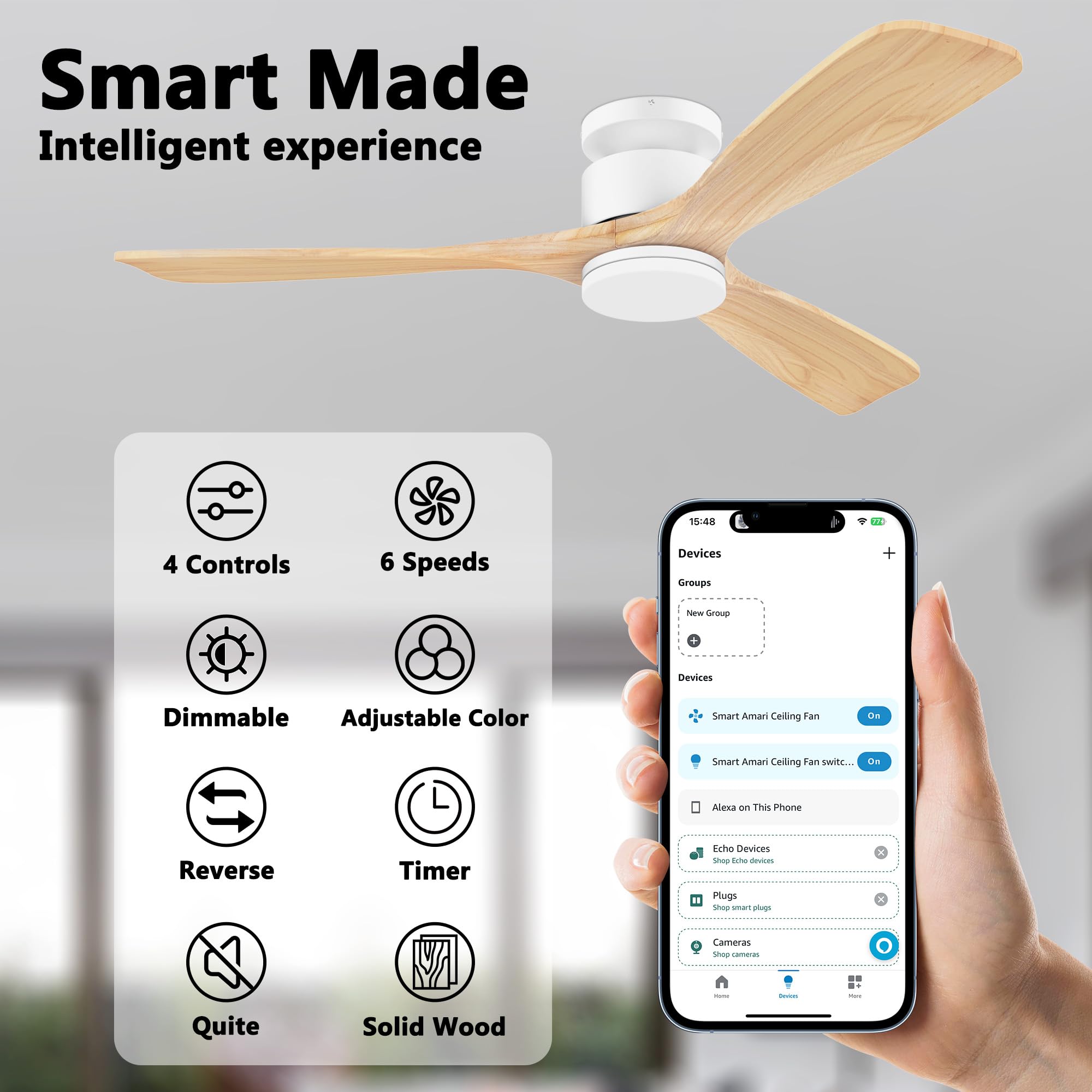 52 Inch Smart Flush Mount Ceiling Fans With Lights Remote,Wood Outdoor Indoor Ceiling Fan,Wifi Alexa App Control,Quiet Dc Motor,