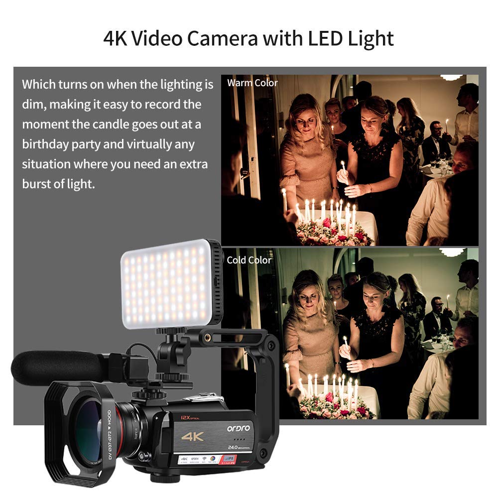Ordro 4K Video Camera Camcorder Ac5 Uhd Camcorder With 12X Optical Zoom 3.1'' Ips Hd 1080P 60Fps Digital Wifi Vlog Camera Camcor