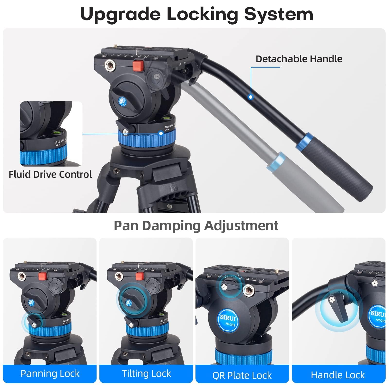Sirui Am 25S Video Tripod, 74.8' Professional Heavy Duty Tripod With Adjustable Damping Fluid Head For Camcorder, Cameras, Dslr, 360� Pan & +90�/ 75� Tilt, Quick Release Plate, Max Load 22.0Lb