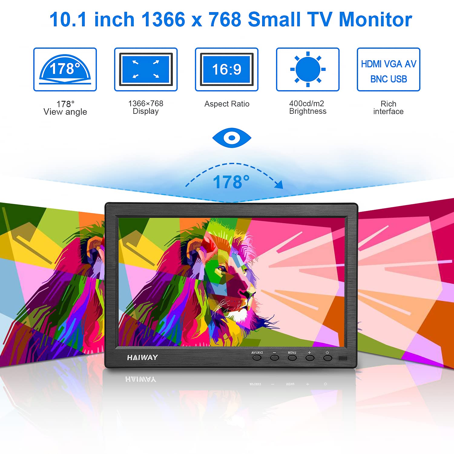 Haiway 10.1 Inch Security Monitor, 1366X768 Resolution Small Hdmi Monitor Small Portable Monitor With Remote Control With Built