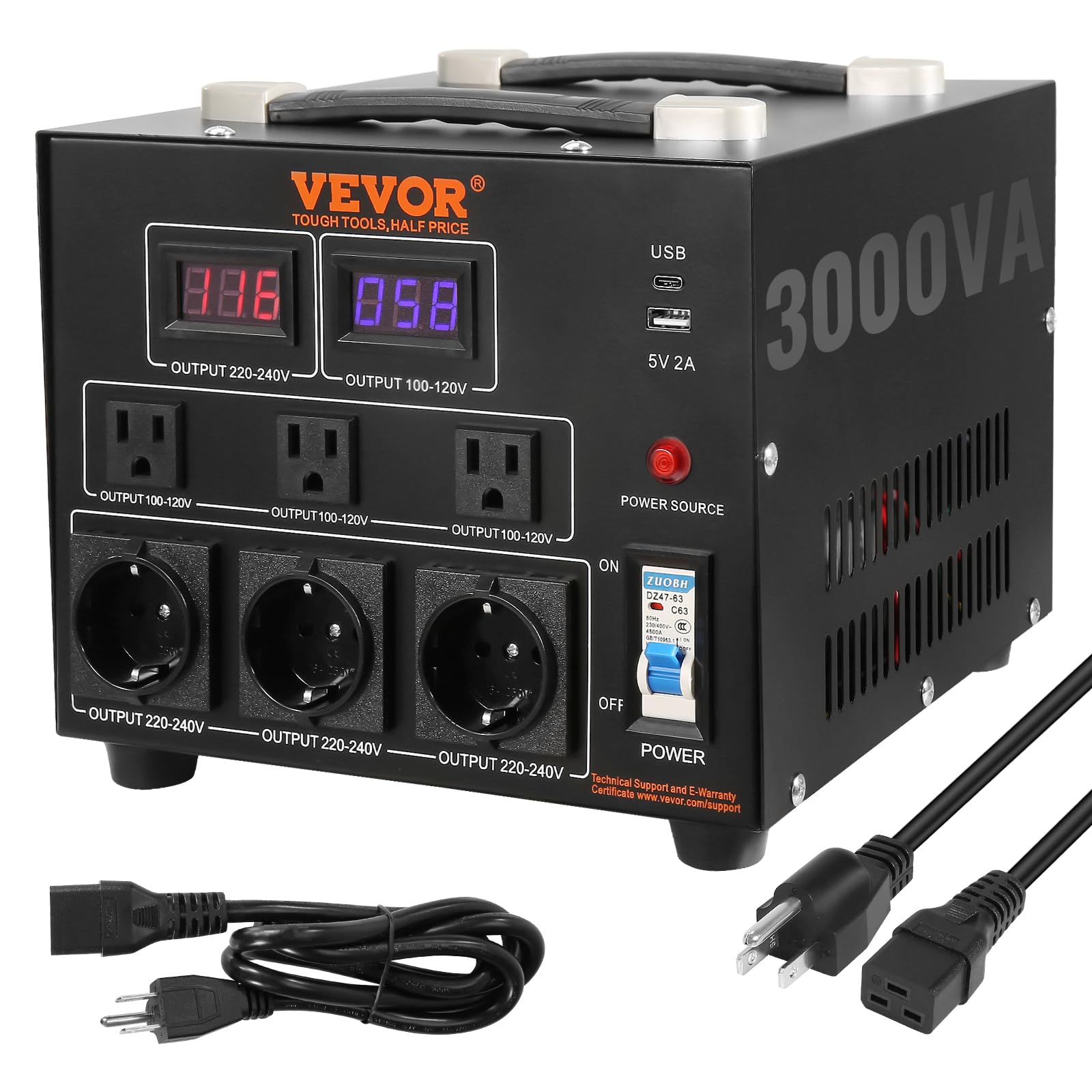 Vevor Voltage Converter Transformer, 3000W, Heavy Duty Step Up/Down Transformer, Convert From 110 Volt To 220 Volt And From 220 