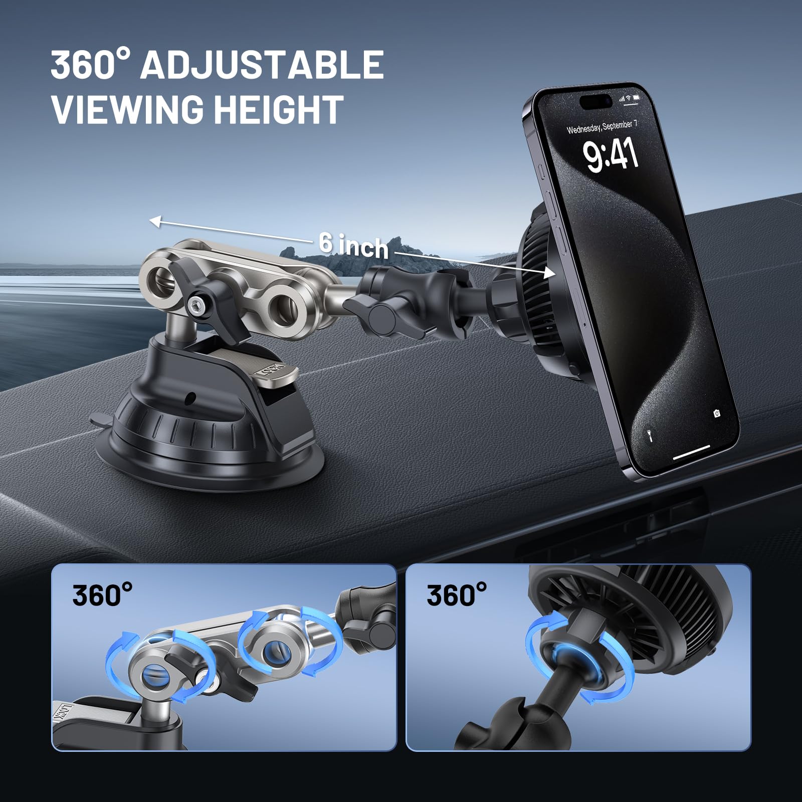 This Hill 15W Magnetic Wireless Car Charger Mount, Compatible With Magsafe, Phone Holder With 360 Suction Cup & Aluminum Alloy T