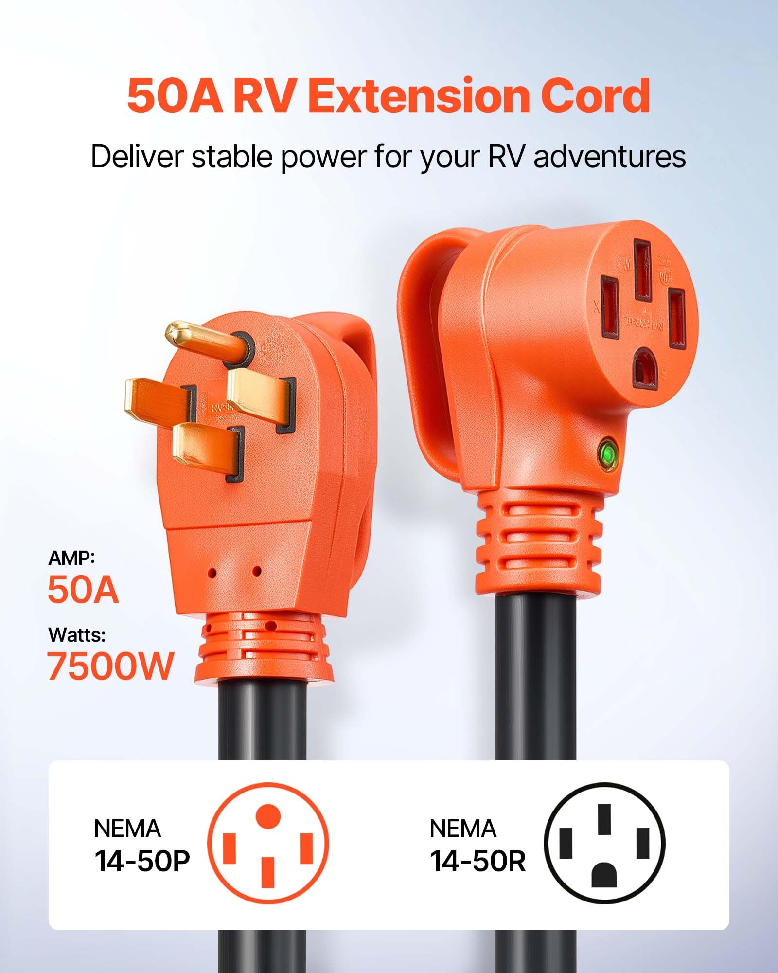 Vevor 75 Ft Rv Extension Cord, 50 Amp, 125V/250V 7500W Heavy Duty Stw 6/3 + 8/1 Gauge Wire, Nema 14-50P Male Nema 14-50R Female