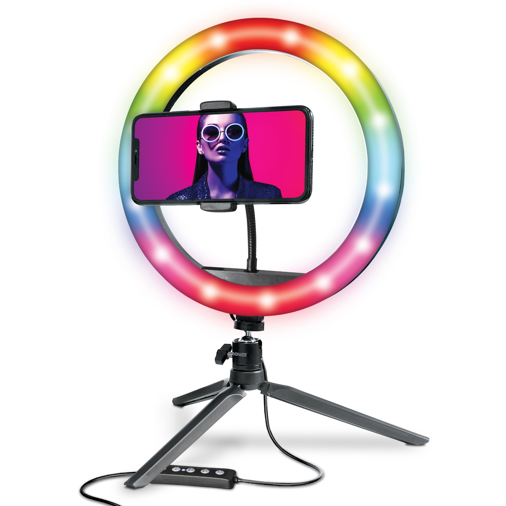 Bower 10 inch RGB Selfie Desktop Ring Light Stand Studio Kit  Ultra Wide Range, 9 Colors, 12 Brightness Levels, Special Effects