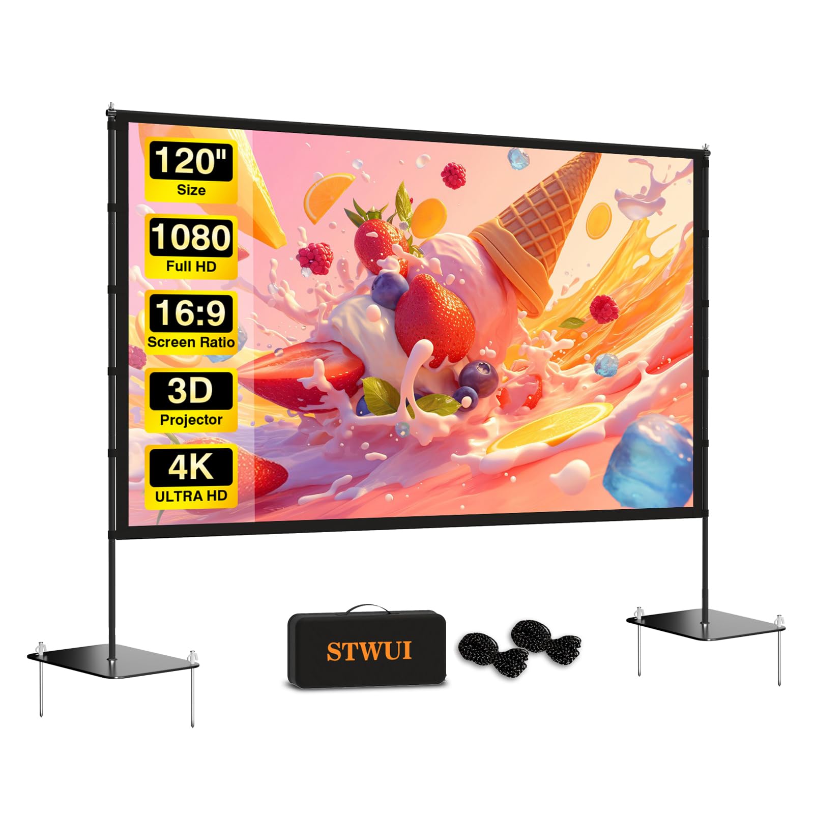 STWUI Outdoor-Projector-Screen-with-Stand - 120 inch Portable Projection Screen Indoor Outdoor Projector Screens 16:9 4K HD Ligh