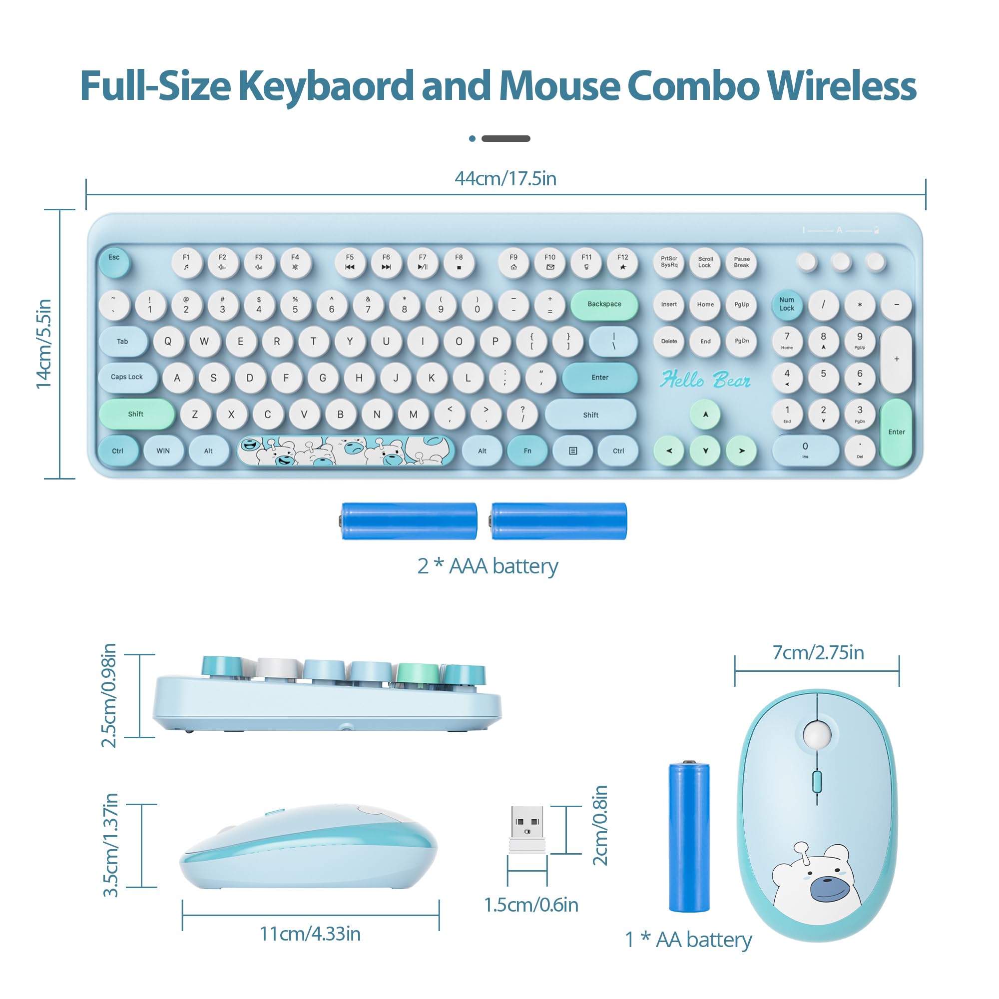 Fogruaden Wireless Keyboard And Mouse Combo, 2.4Ghz Retro Typewriter Keyboard, 104 Full Size Round Keycap Cute Computer Keyboard