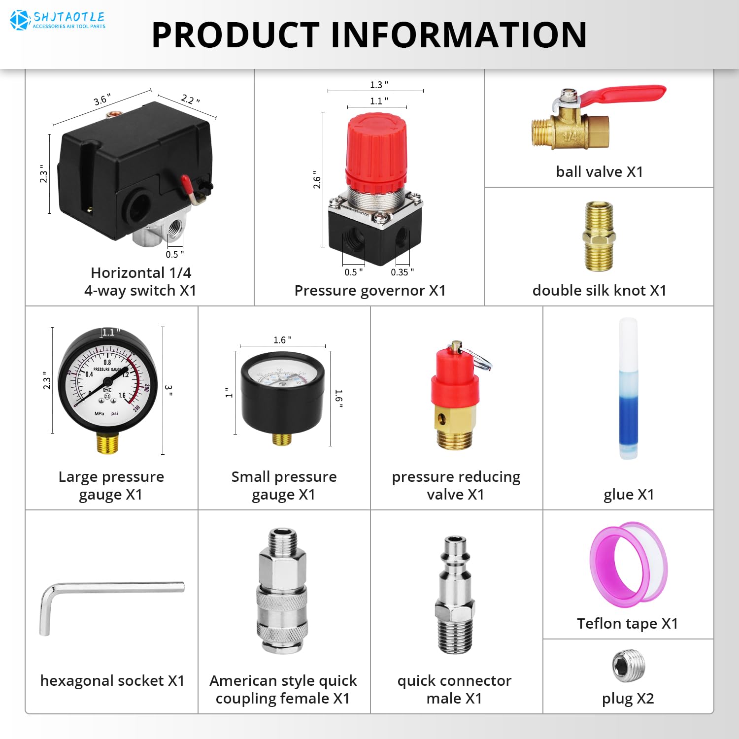 Universal Air Compressor Pressure Switch Control Valve (90 120 Psi, 110V 240V) With 0 180 Psi Regulator And Safety Pressure Reli