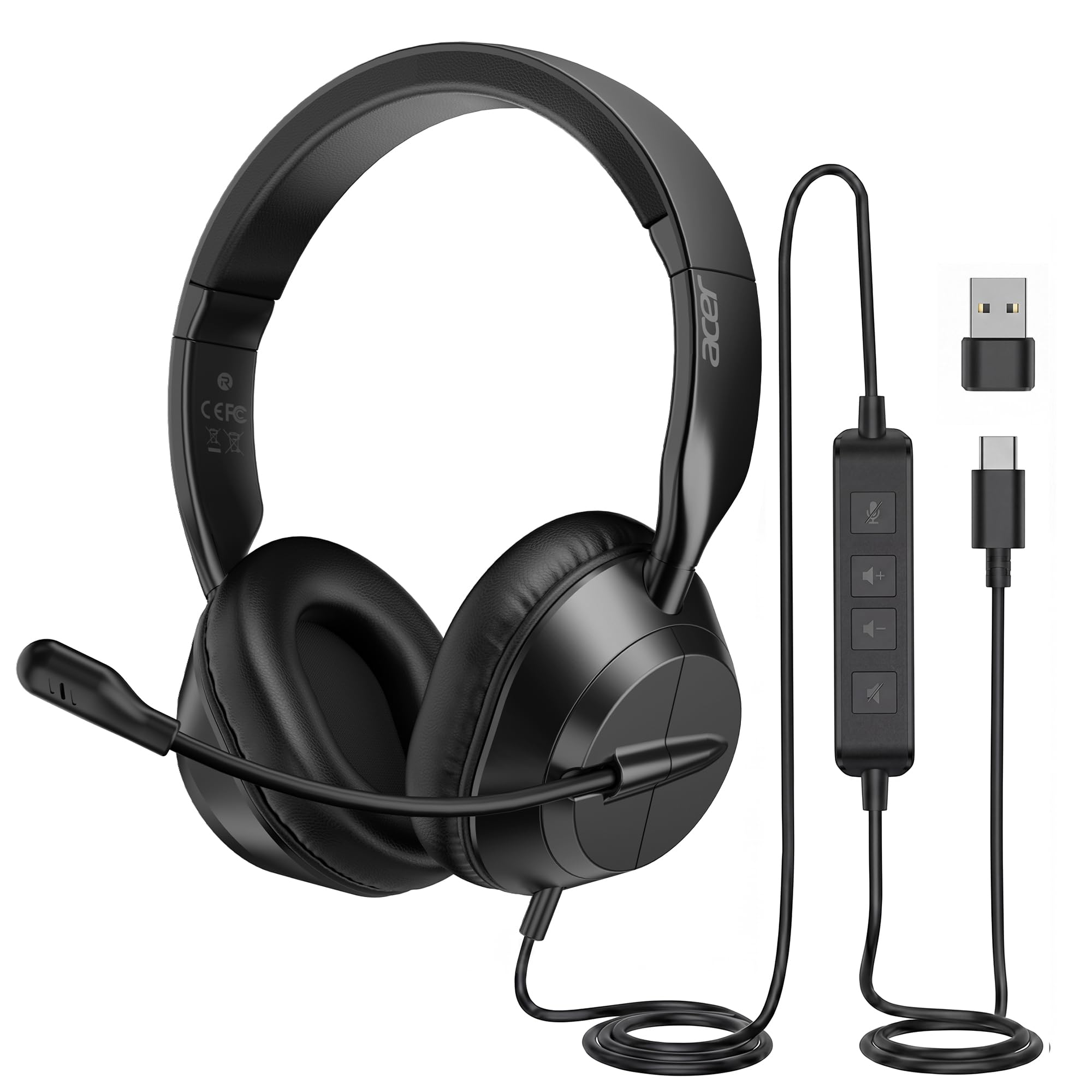 Acer Headset with Microphone for PC - ENC Noise Cancelling Headphones with Mic, Dual USB C Headset with Microphone & USB, 40mm D