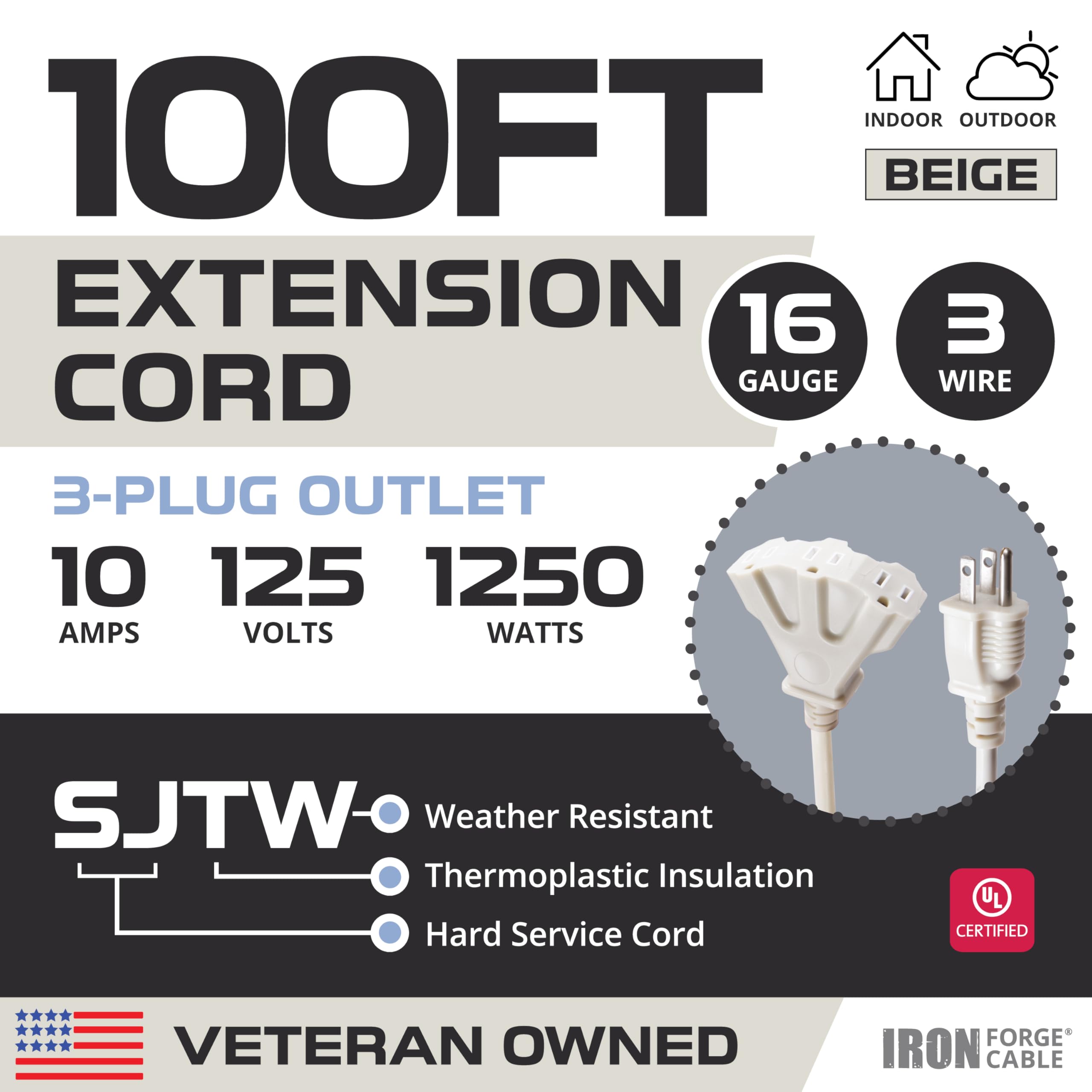 Iron Forge Cable 100 Ft Beige Outdoor Extension Cord With 3 Outlets   16/3 Sjtw 100Ft Extension Cord 3 Prong, 10 Amp All Weather