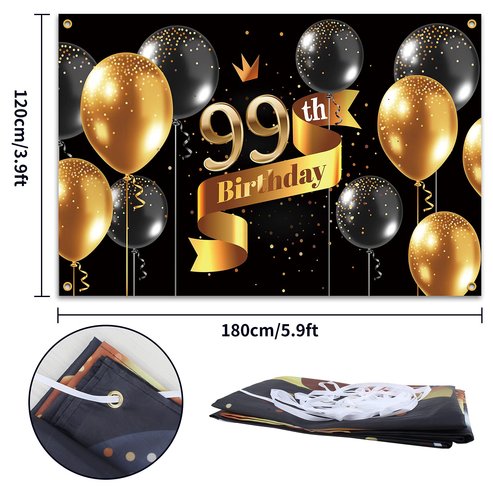Pakboom Happy 99Th Birthday Backdrop Banner   99 Birthday Party Decorations Supplies For Men   Black Gold 3.9 X 5.9Ft