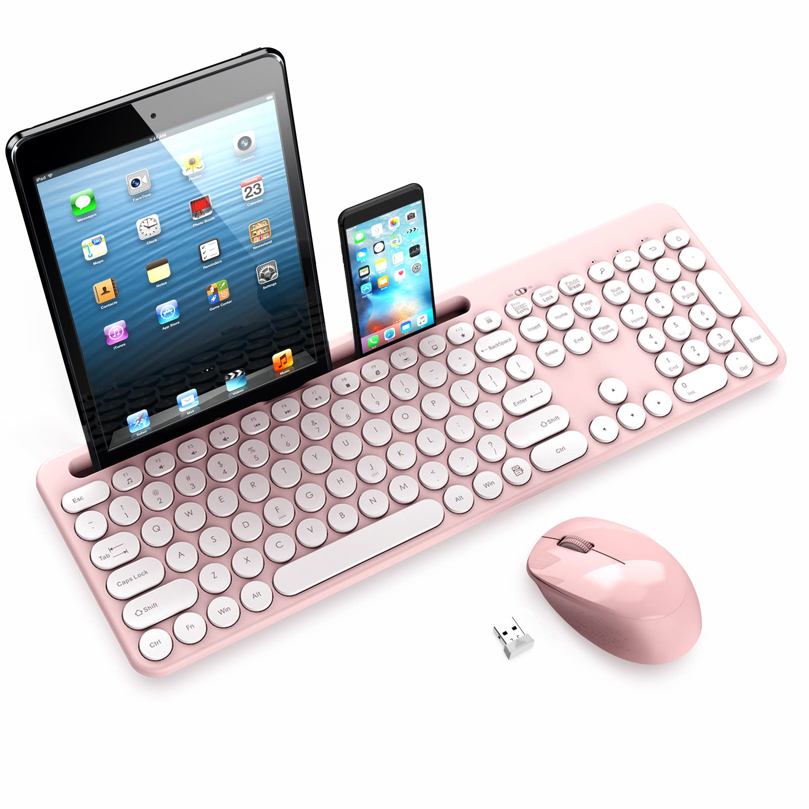 Leadsail Pink Wireless Keyboard And Mouse Combo, Full Sized Ergonomic Computer Keyboard With Phone Tablet Holder, 2.4Ghz Silent