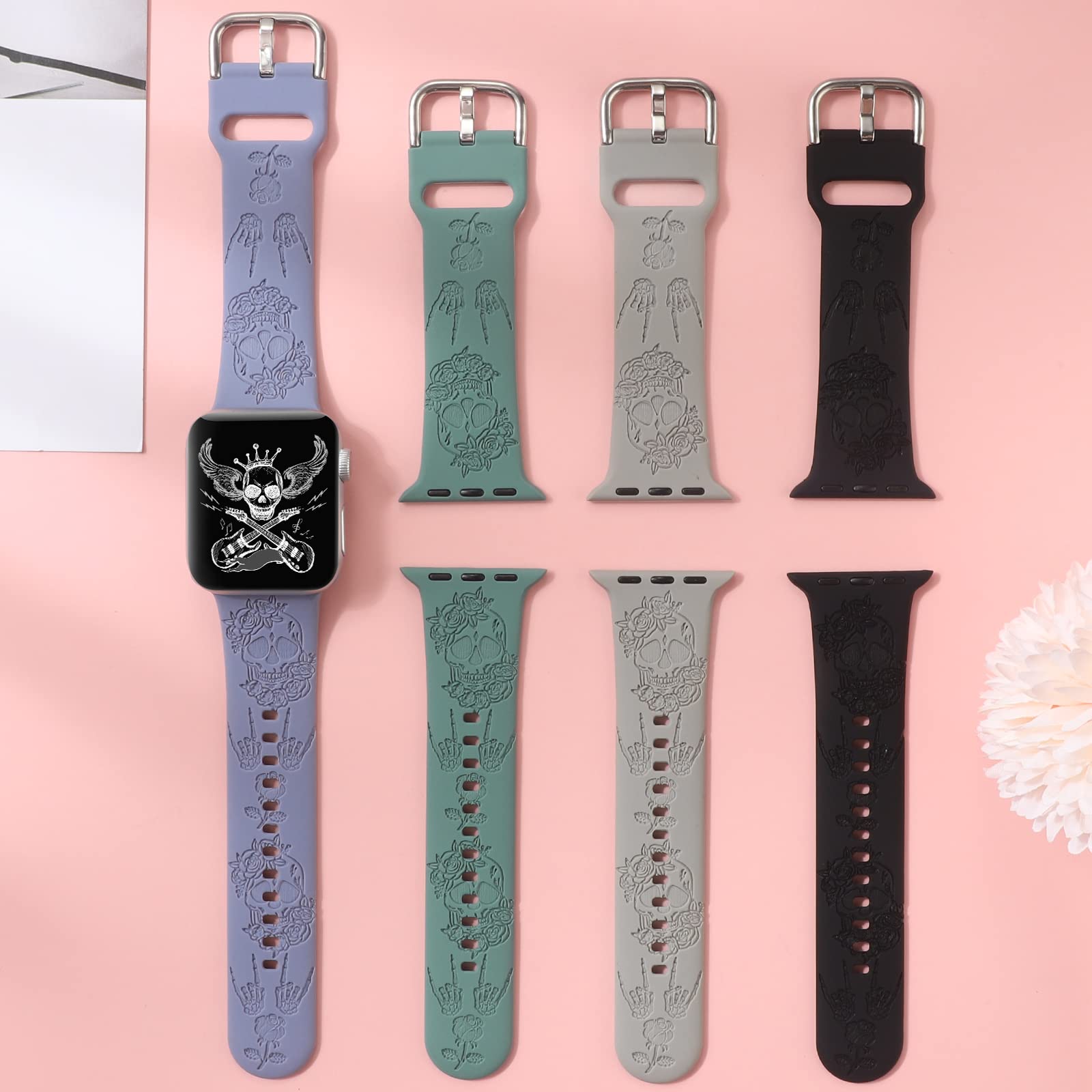 Halloween Floral Engraved Silicone Band Compatible With Apple Watch 38Mm 40Mm 41Mm For Women Men,Skull Pattern Laser Printed Sof