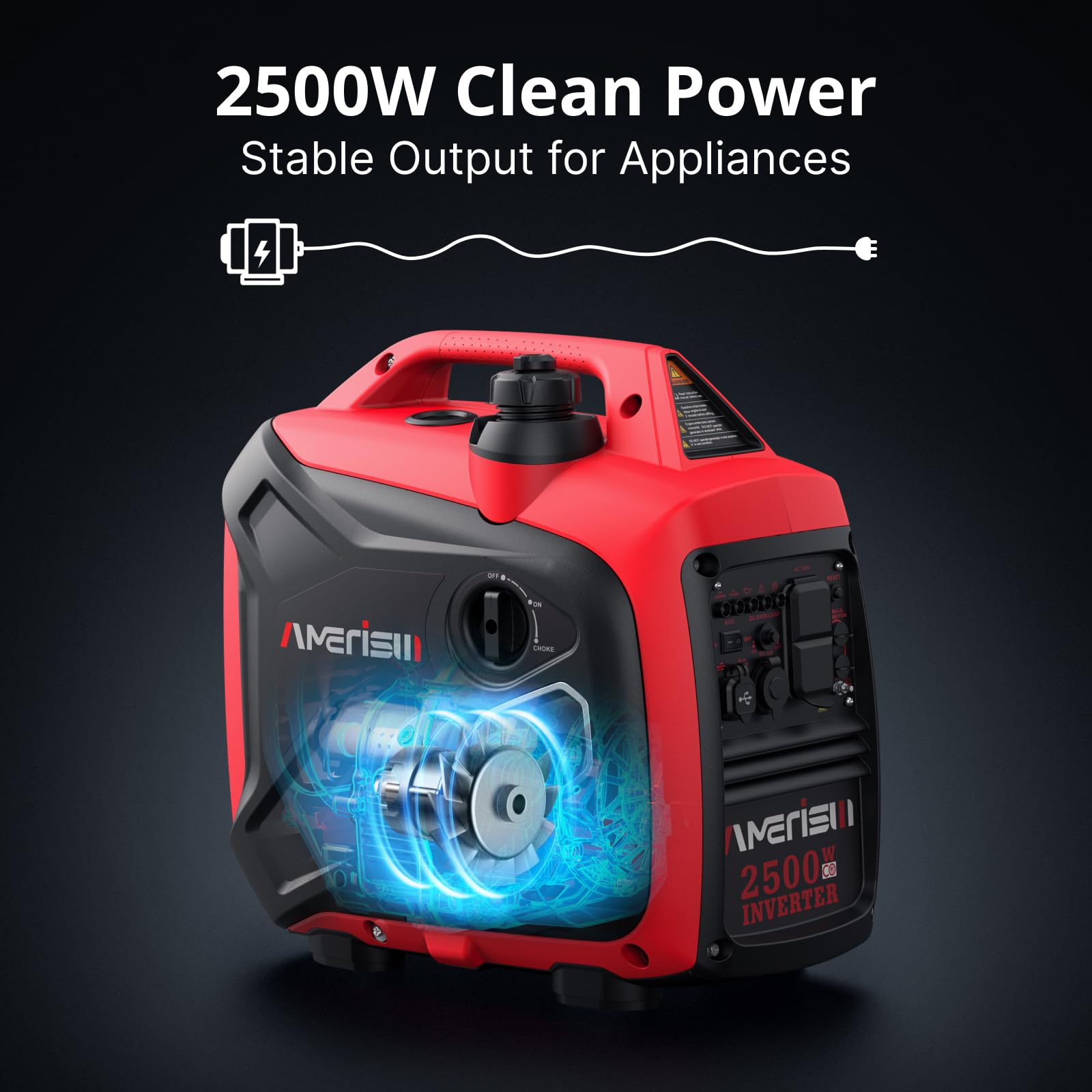 Amerisun 2500-Watt Gas Powered Portable Inverter Generator, Co Sensor, Super Quiet For Home Backup, Emergency, Camping, Epa Comp