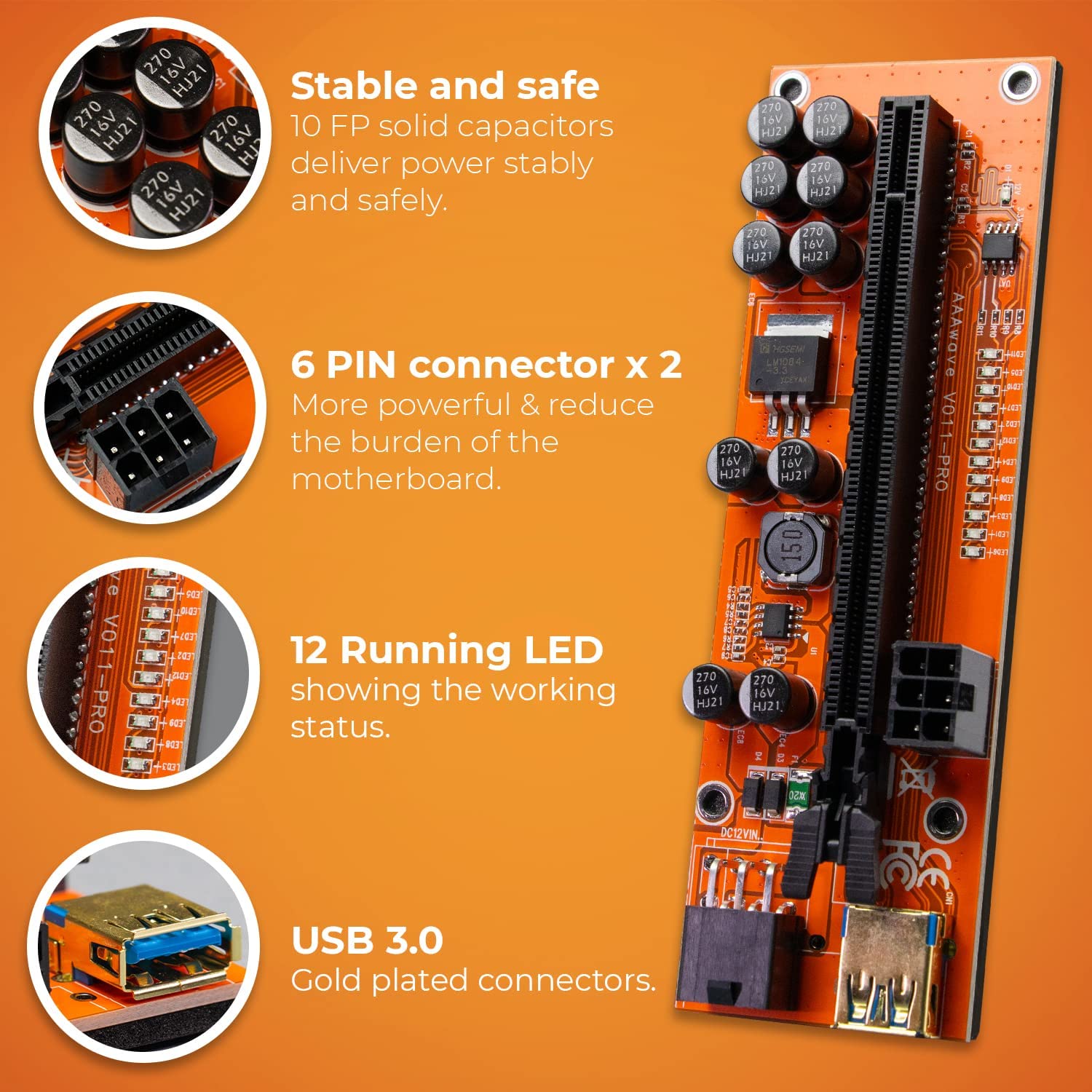 Aaawave Pcie Riser Ver 011 Pro 1X To 16X Graphic Extension For Gpu Mining 60Cm Usb 3.0 Cable, 10 Solid Capacitors, 12 Led Lights
