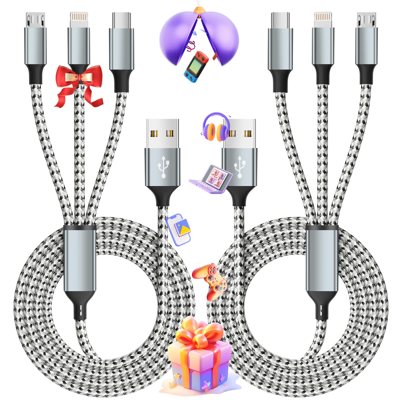 Multi Charging Cable, (2 Pack 4Ft) Multi Usb Charger Cable 3 In 1 Charging Cable Nylon Braided Fast Charging Cord With Type C, Micro Usb, Ip Port For Most Phones/Iphones/Tablets