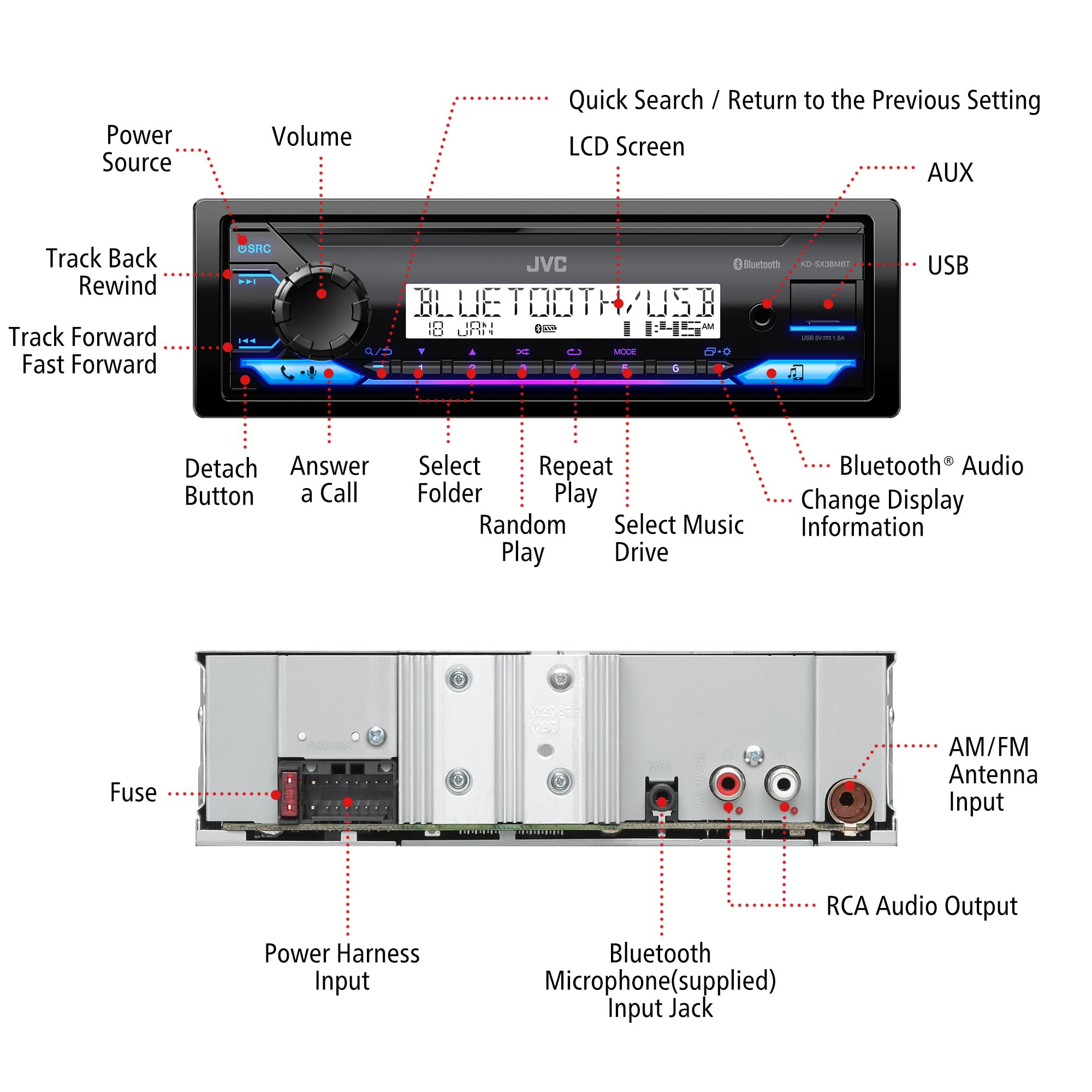 Jvc Kd Sx38Mbt Car Stereo With Bluetooth, 4 Ch Marine Radio Receiver, Am/Fm Single Din Radio, Aux In, Usb, Streaming, Rgb Illumi
