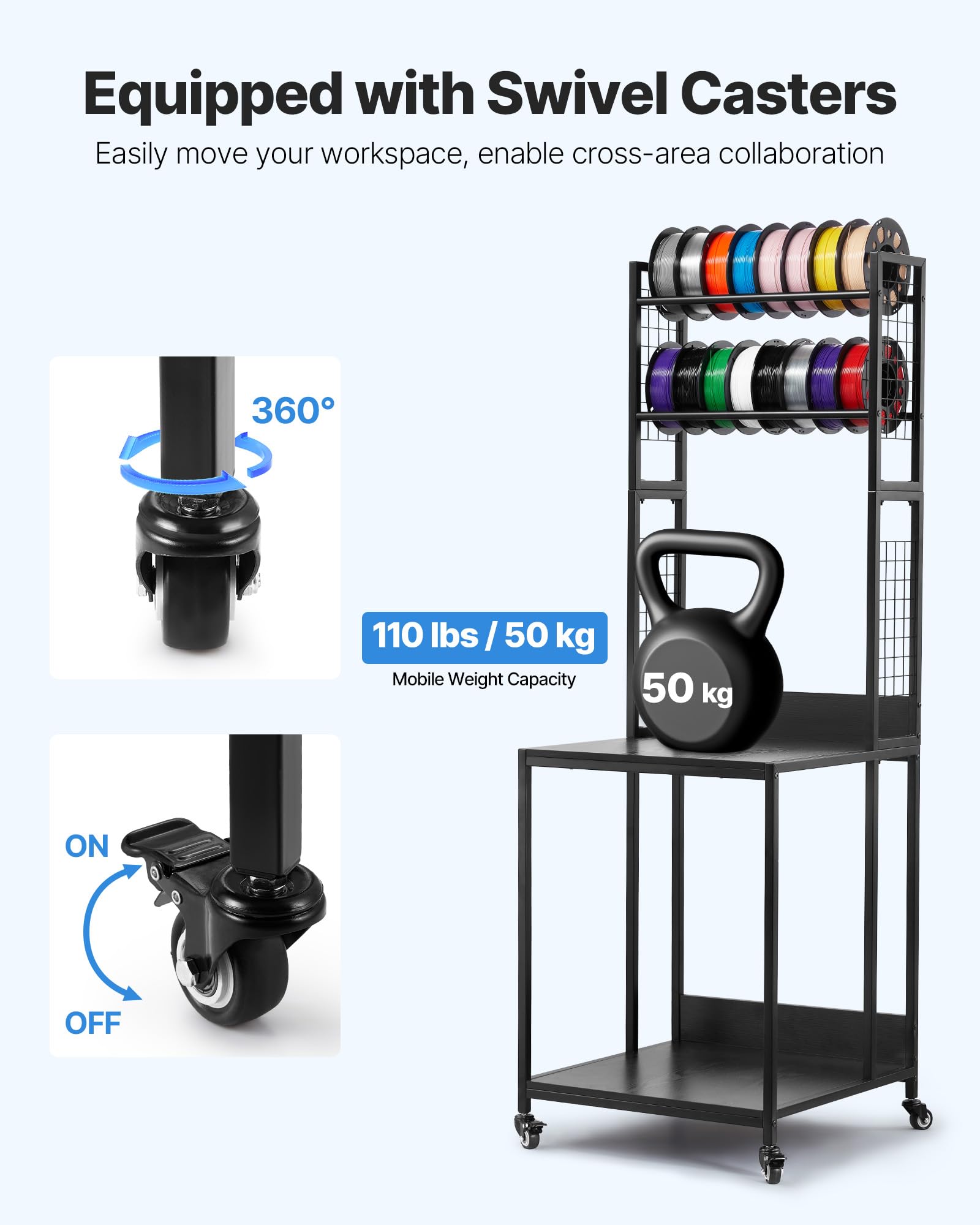 Vevor 3D Printer Filament Storage Rack, 4-Tier 3D Printer Stand With Filament Storage, Spools Holder Racks Cart With Wheels, Fil