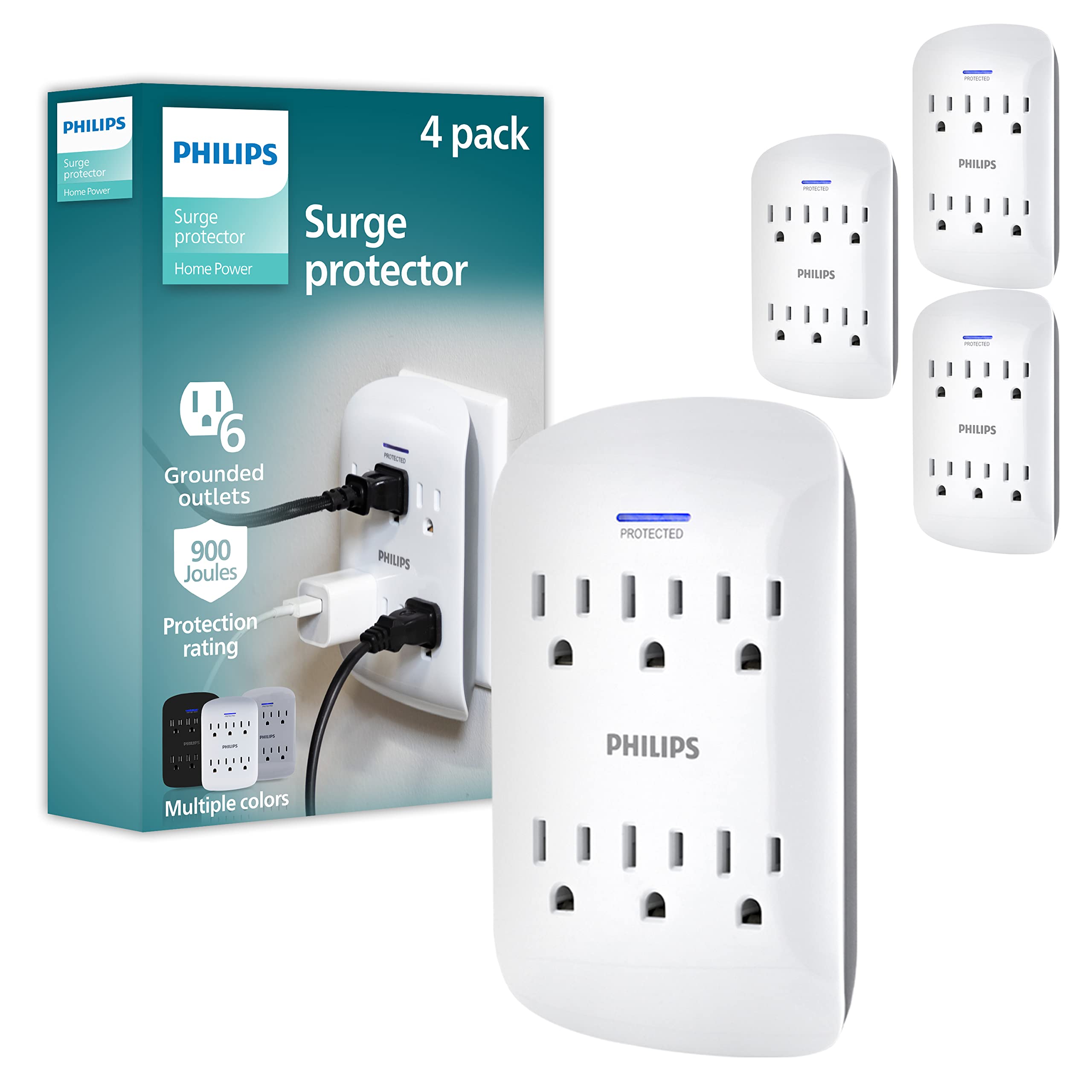 Philips Philips 6 Outlet Extender Surge Protector, 900 Joules, 3 Prong, Space Saving Design, Protected Indicator Led Light, 4 Pa