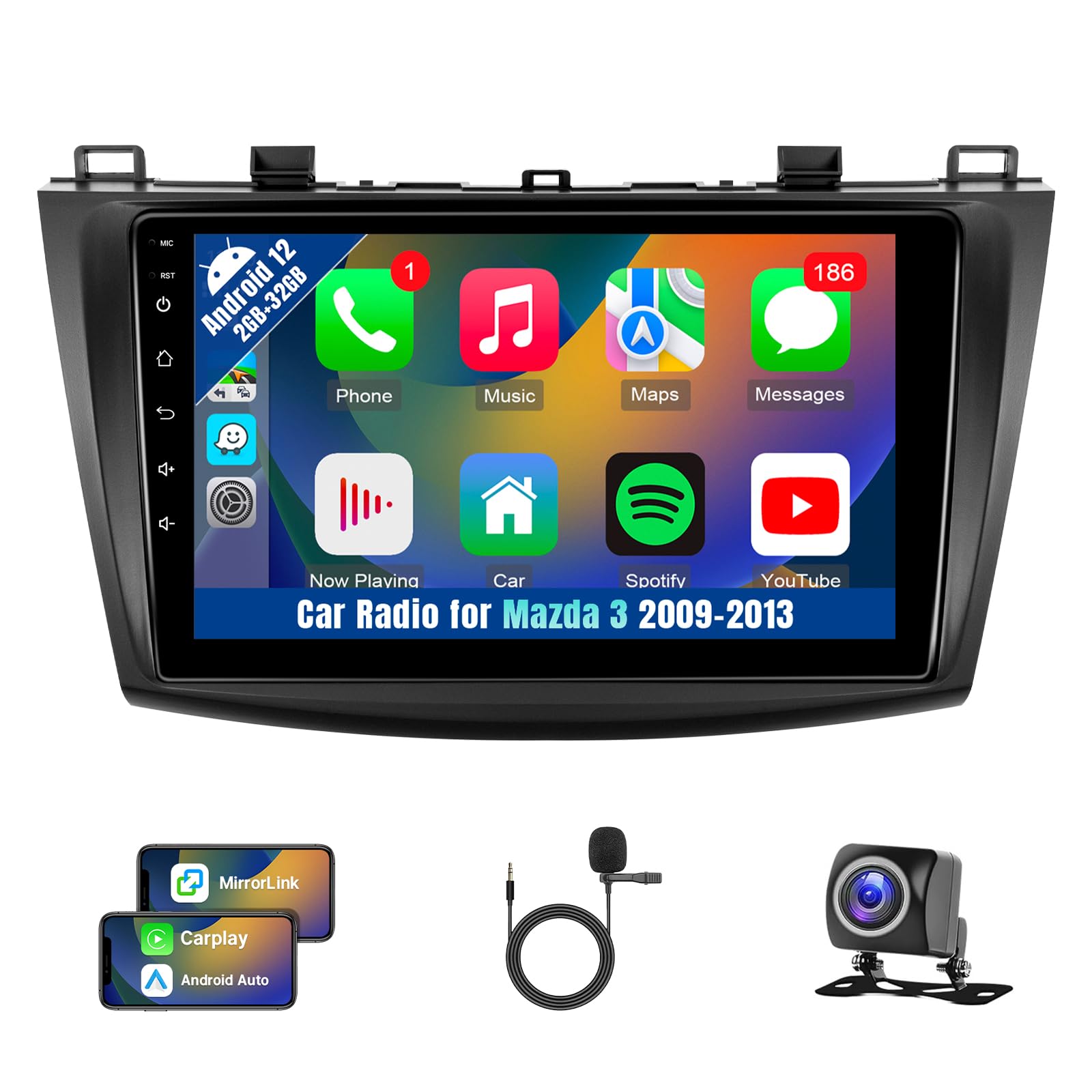Leadfan Car Stereo Radio for Mazda 3 2009 2010 2011 2012 2013 with Wireless Carplay& Android Auto, 9 Touchscreen GPS Navigation,