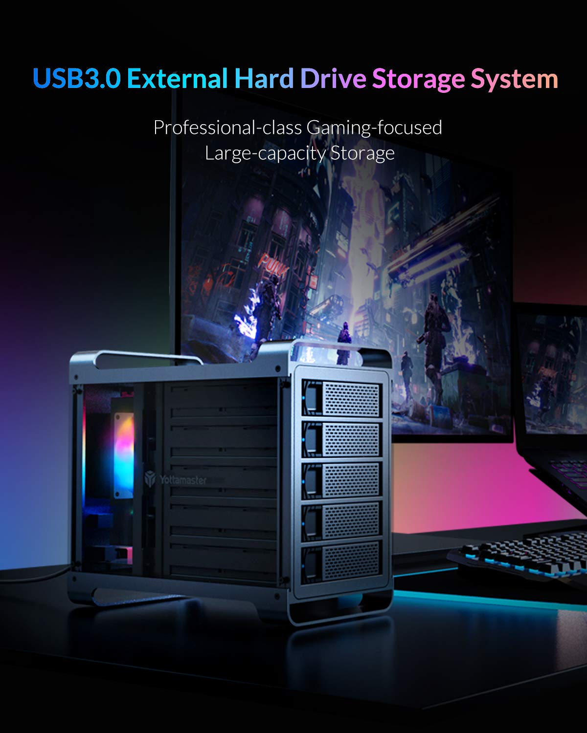 Yottamaster 5 Bay Hard Drive Enclosure,Aluminum Alloy 2.5''& 3.5'' Sata Hdd/Ssd External Hdd Ssd Storage Enclosure With 80Mm Rgb