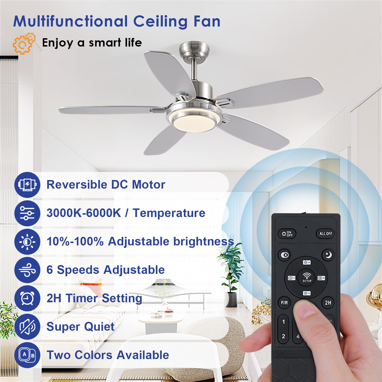 Ceiling Fans With Lights And Remote/App Control,50 Modern Ceiling Fan With Quiet Reversible Dc Motor, 5 Dual Finish Blades,Dimma