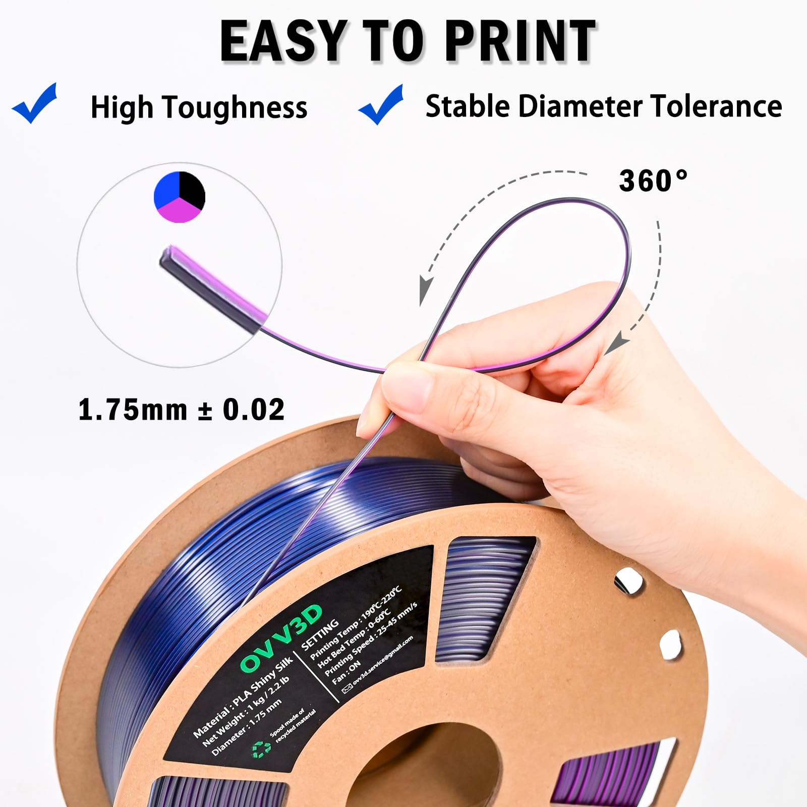 Ovv3D Pla Filament 1.75Mm Tri Colors, 3D Printer Filament Silk Pla Filament, Rainbow Pla Filament With Silk Pla Black Blue And P