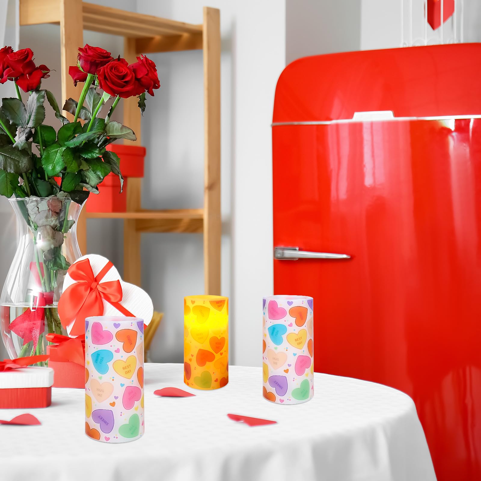 Whaline Valentine'S Day Led Flameless Candles Conversation Heart Warm Light Battery Operated Pillar Candles Colorful Candy Heart