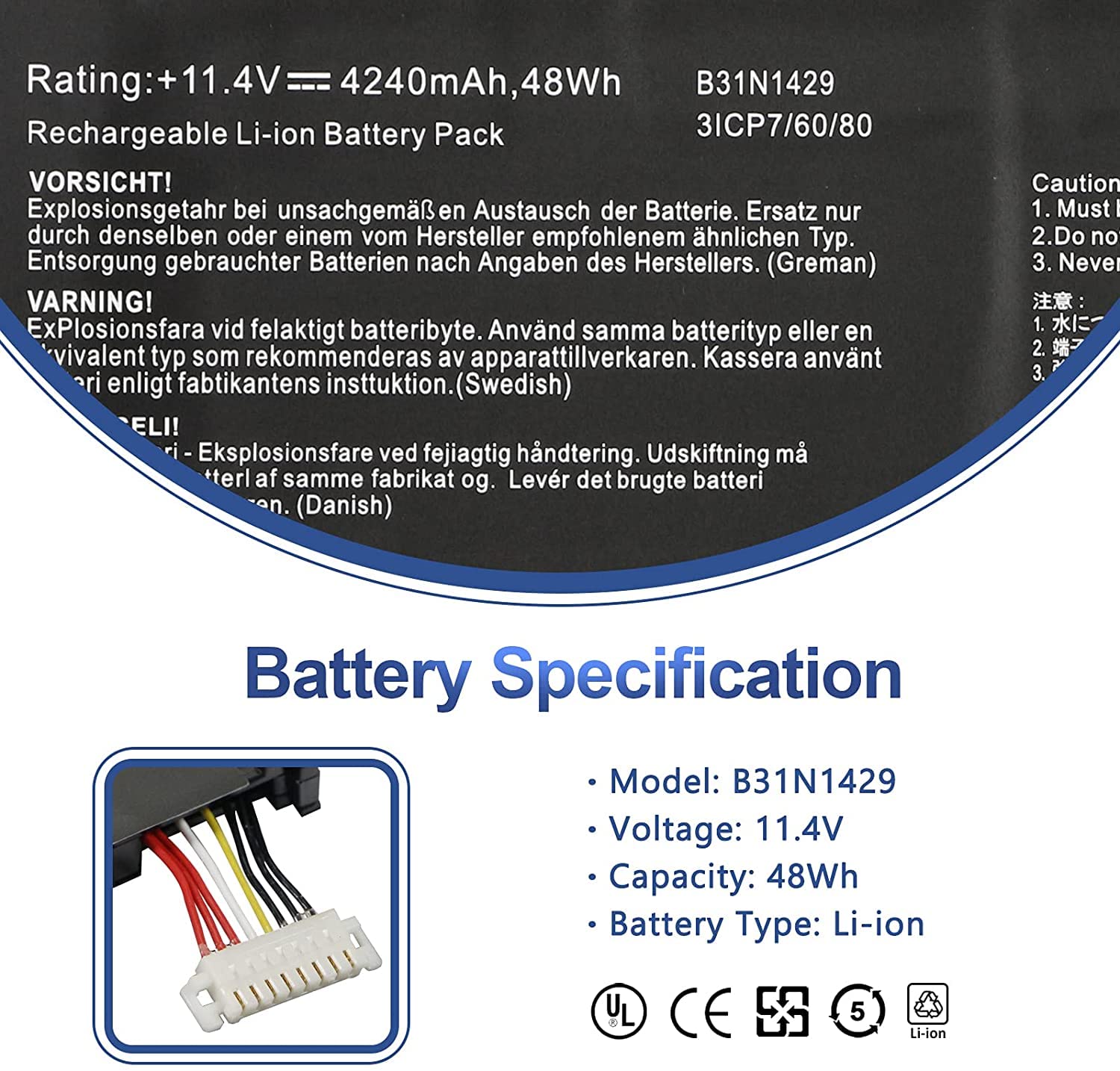 Antiee B31N1429 Battery For Asus K501L K501Lb K501Lx K501U K501Ub K501Uq K501Ux K501Uw A501L A501Lb A501Lx A501Ub A501Uq A501Uw