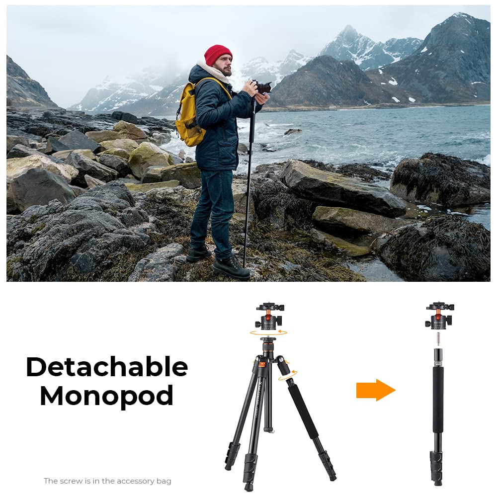 K&F Concept 64 Inch/162Cm Camera Tripod, Compact Aluminum Alloy Travel Tripods With 28Mm Metal Ball Head 10Kg/22Lbs Load Capacit