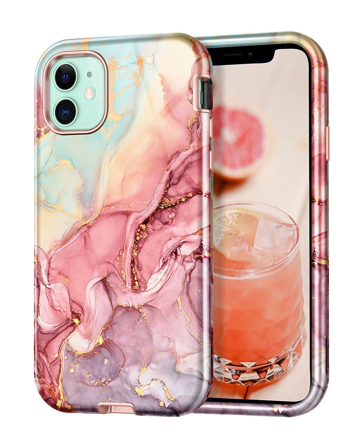 Casefiv Compatible With Iphone 11 Case,Marble Pattern 3 In 1 Heavy Duty Shockproof Full Body Rugged Hard Pc+Soft Silicone Drop P