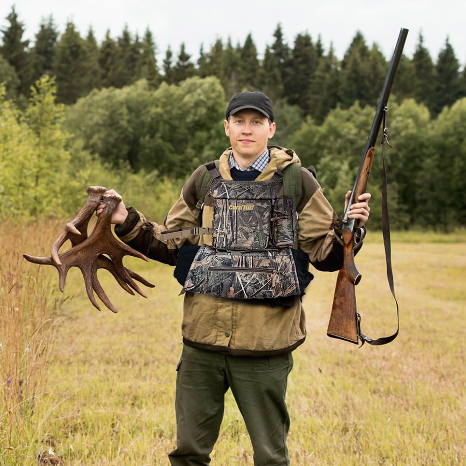 Carriturf Binoculars Harness With Rangefinder Pouch   Lightweight, Silent, Magnetic Closure, Hand Warmer Pockets, For Hunting