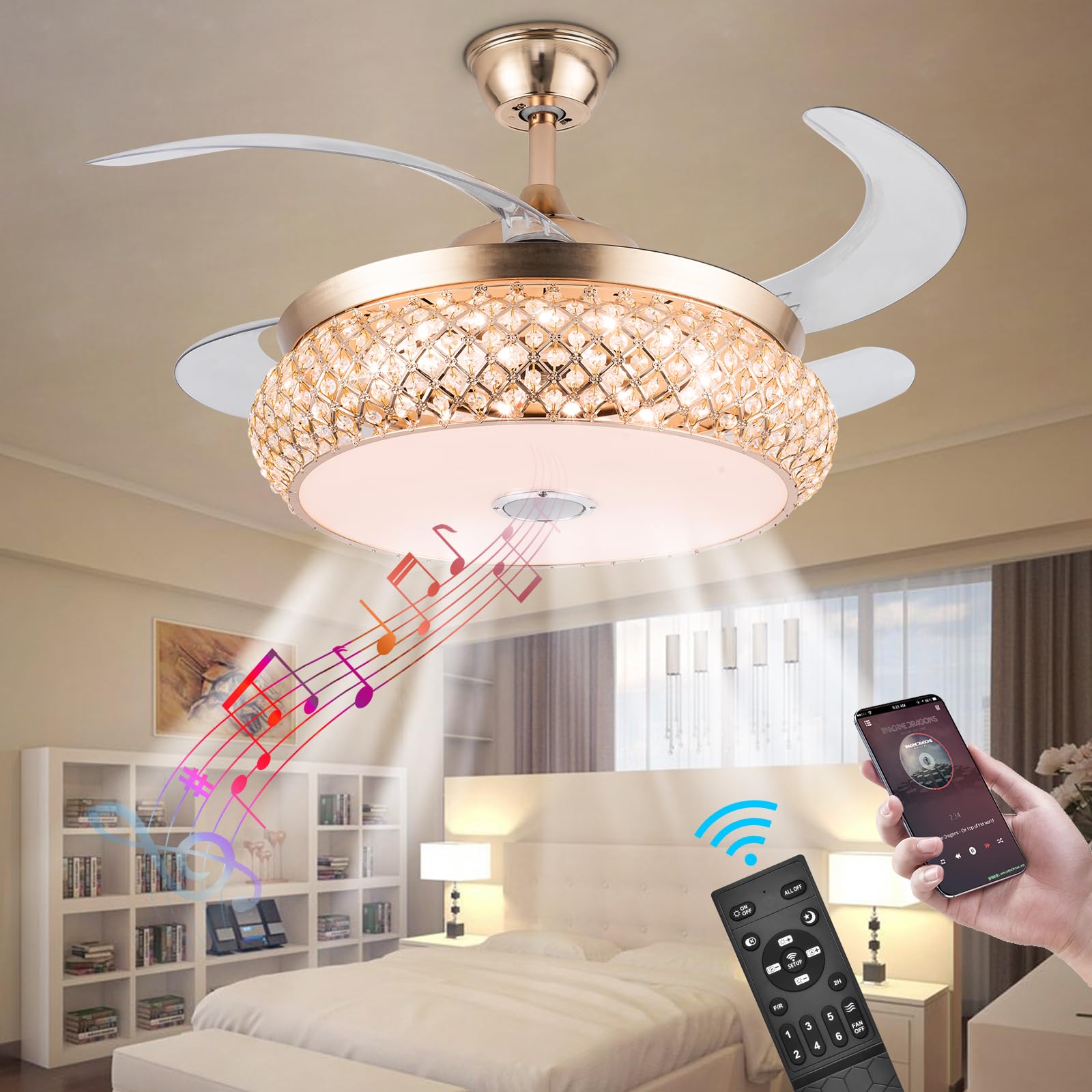 42 Inch Retractable Invisible Ceiling Fan With Light And Bluetooth Speaker, Modern Bluetooth Fan Chandelier With Remote Control